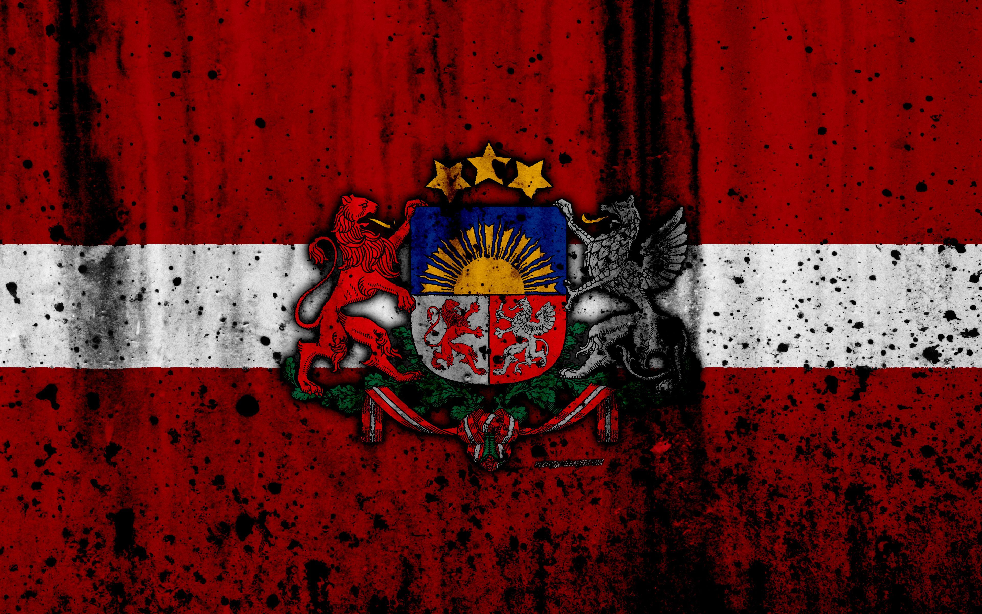 3840x2400 Download wallpaper Latvian flag, 4k, grunge, flag of Latvia, Europe, Latvia, national symbolism, coat of arms of Latvia, Latvian coat of arms for desktop with resolution 3840x2400. High Quality HD picture wallpaper
