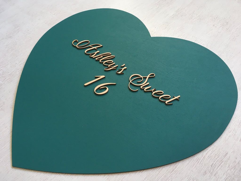 1024x768 Personalized sweet 16 heart shaped sign made on teal wood and customiz