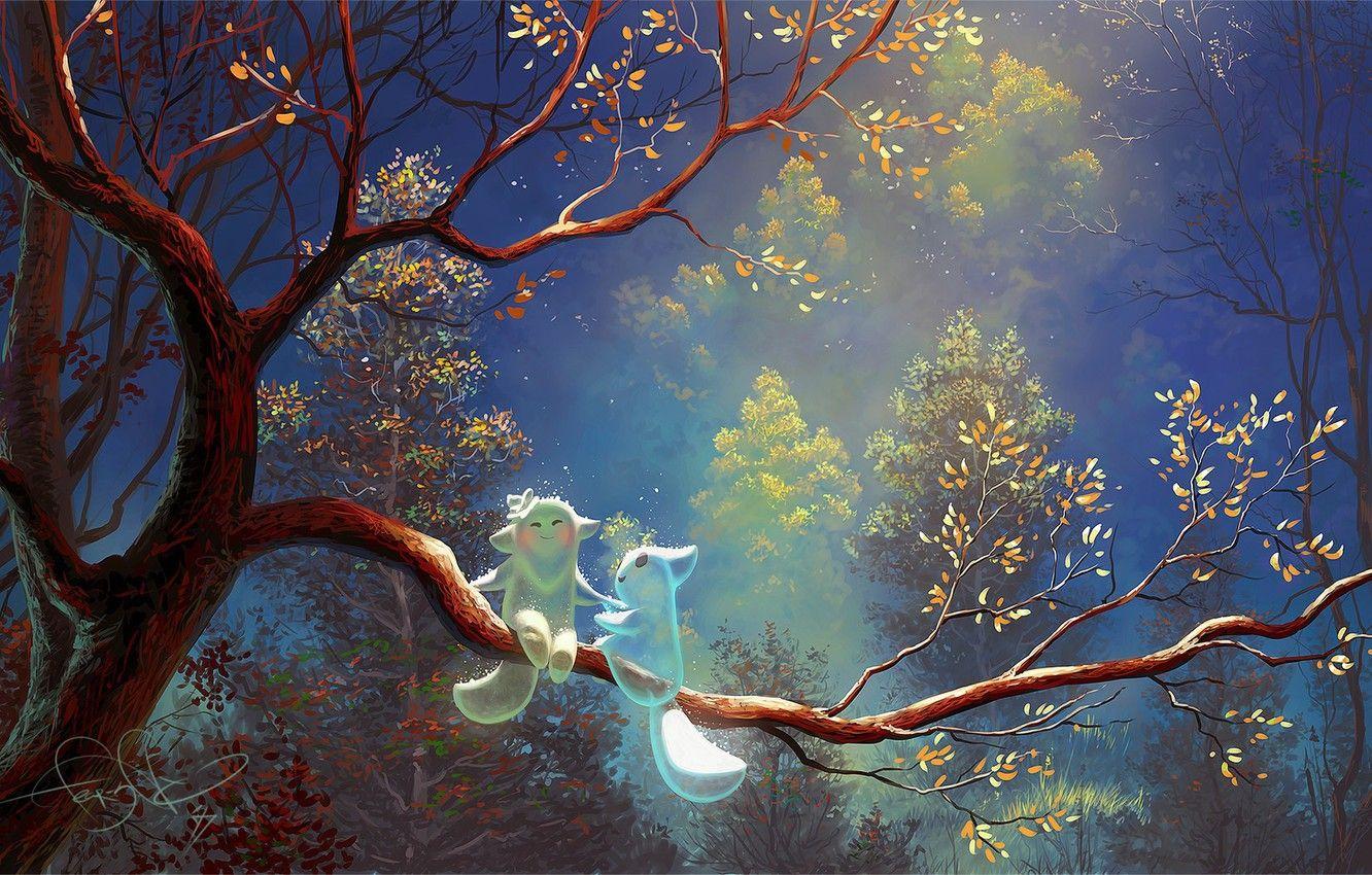 1332x850 Wallpaper forest, night, romance, anime, perfume, art, pair, moonlight, children's image for desktop, section прочее