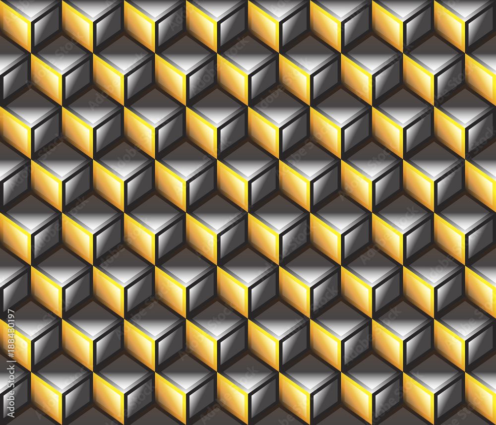 1000x857 yellow, orange, black 3D cubes contour abstract geometrical seamless pattern background for wallpaper, pattern, web, blog, surface, textures, graphic & printing Stock Vector