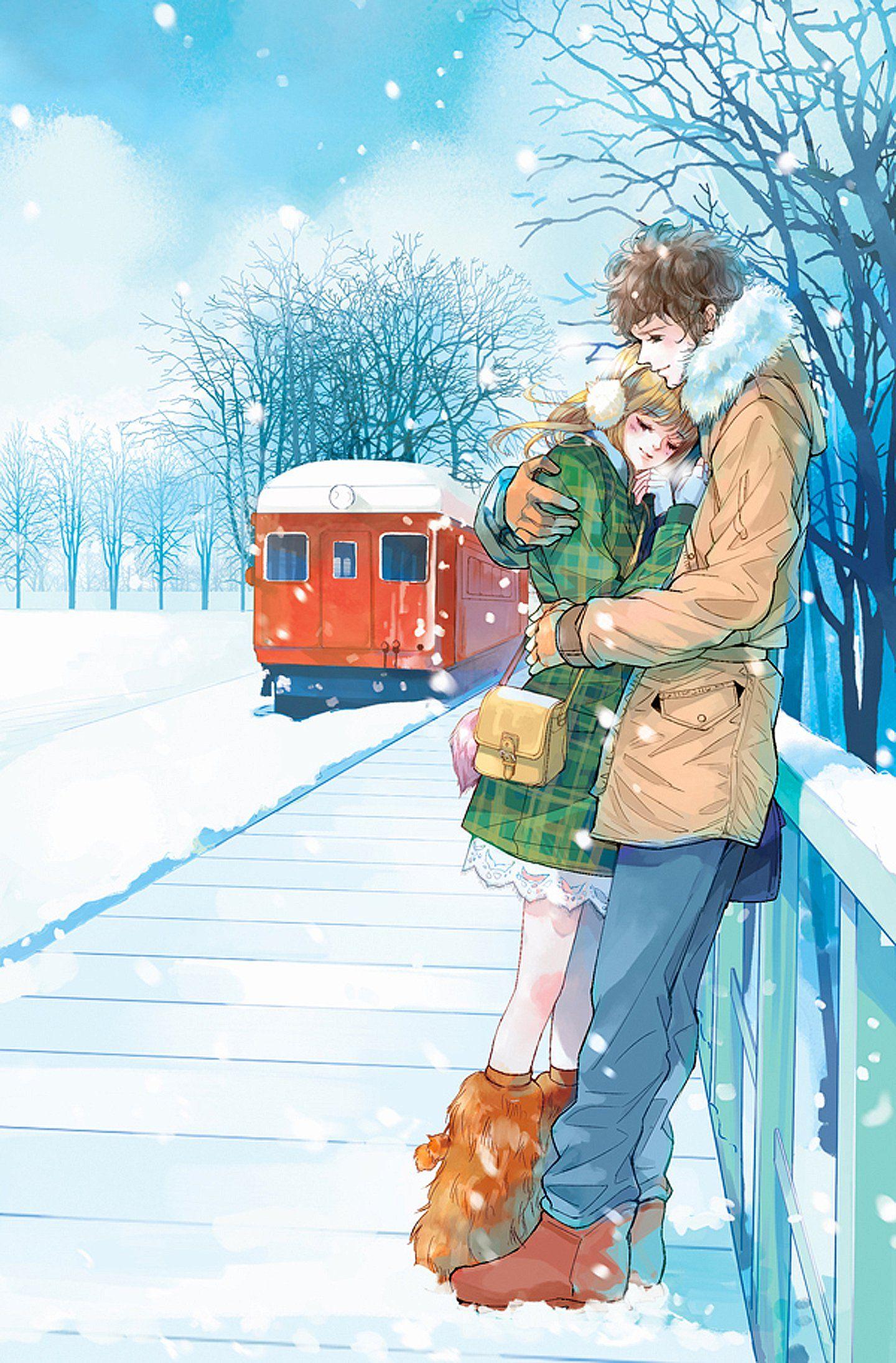 1440x2189 Red train anime couple snow romantic love tree wallpaperx2189