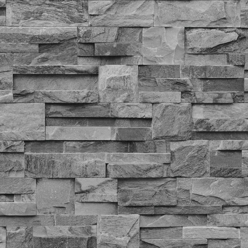 950x950 Muriva Grey Charcoal Slate 3D effect Stone Brick Wall Textured Viny Wallpaper