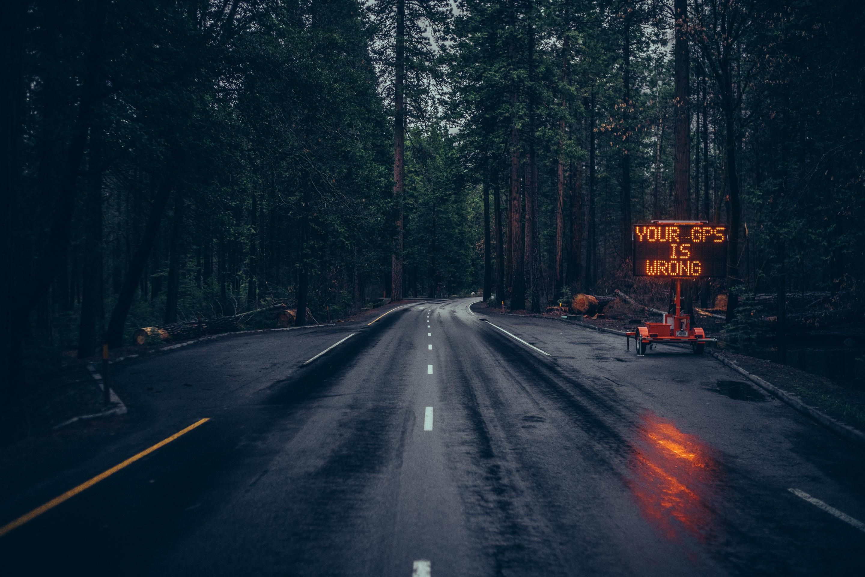2880x1921 Photography Road GPS Road Sign Wood Forest Wet Road Wallpaper:2880x1921