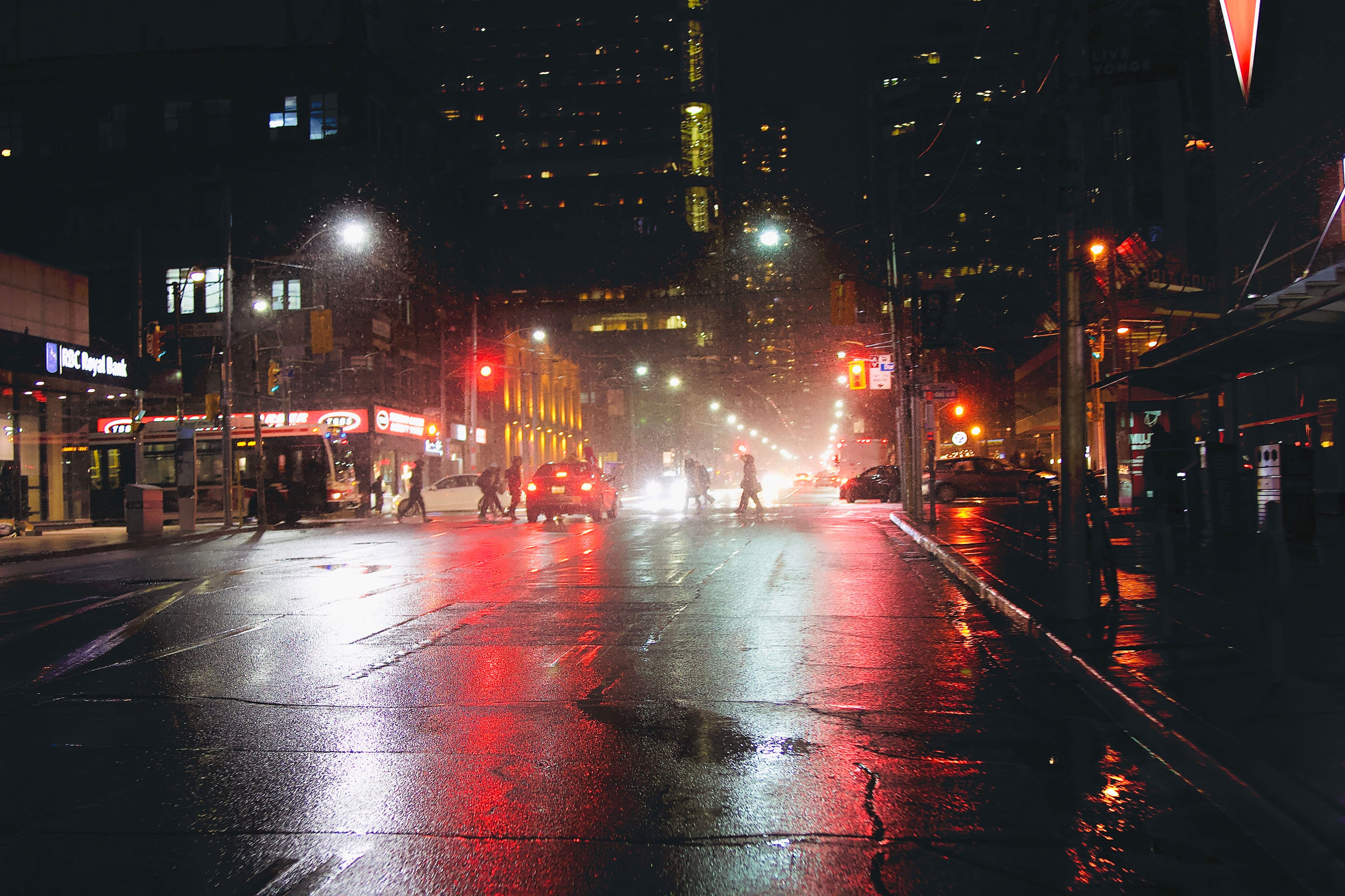 5184x3456 Vehicle Wallpaper On Wet Road During Nighttime, Urban, Downtown, City, Building