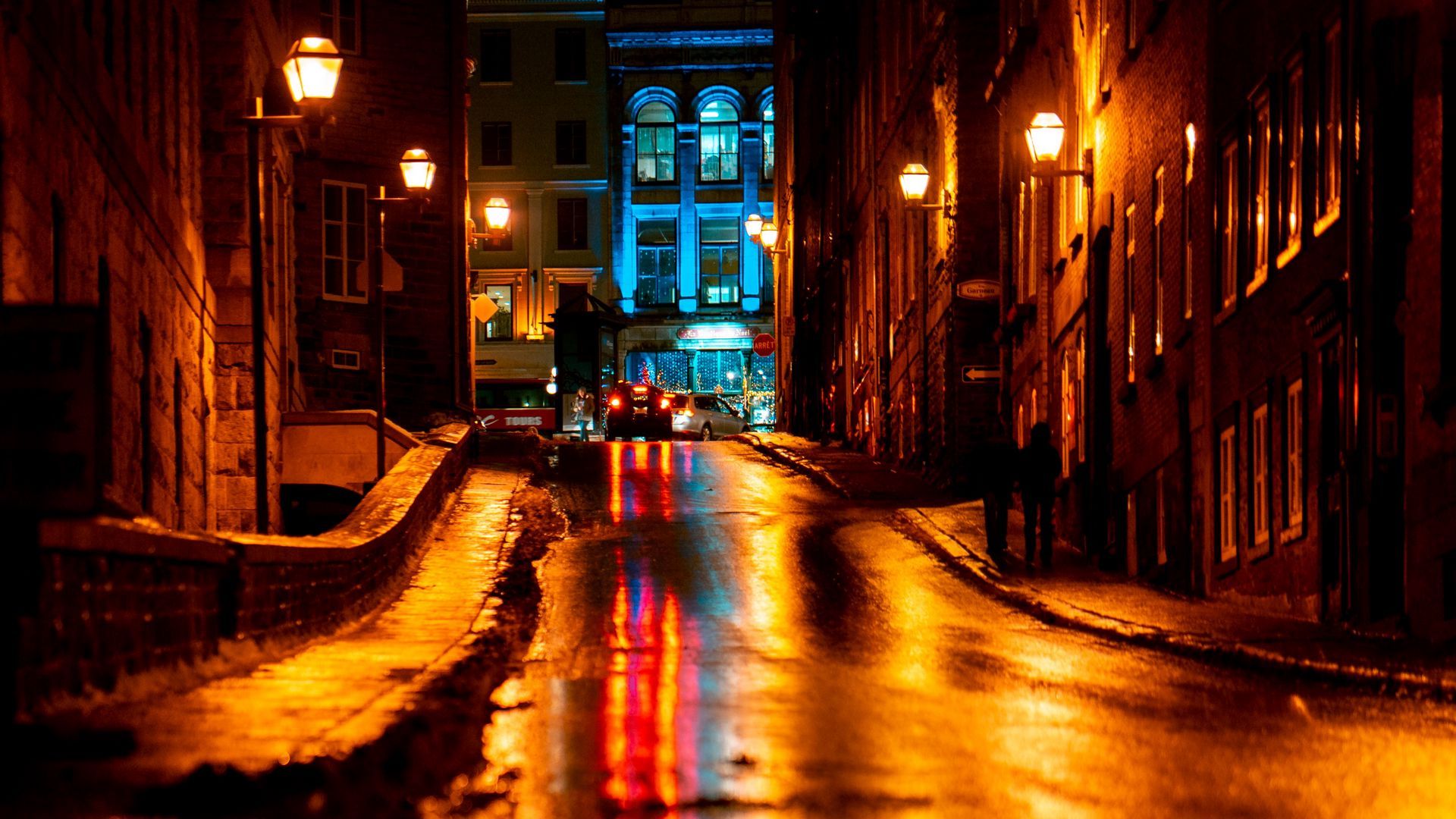 1920x1080 Download wallpaper 1920x1080 street, asphalt, wet, dark, night city, lights full hd, hdtv, fhd, 1080p HD background