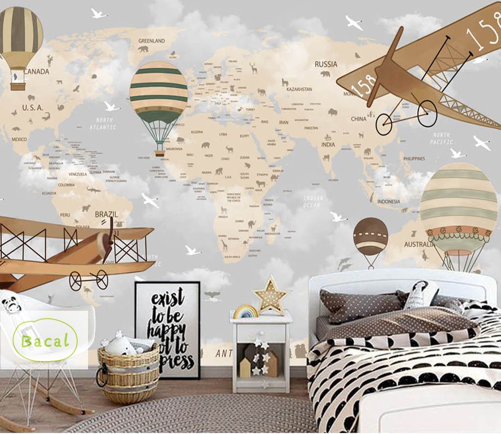 1024x887 Bacal World Map Airplane Fire Balloon 3D Cartoon Wallpaper Mural For Baby Child Room 3D Wall Mural Wall Deco 5d Cartoon Sticker
