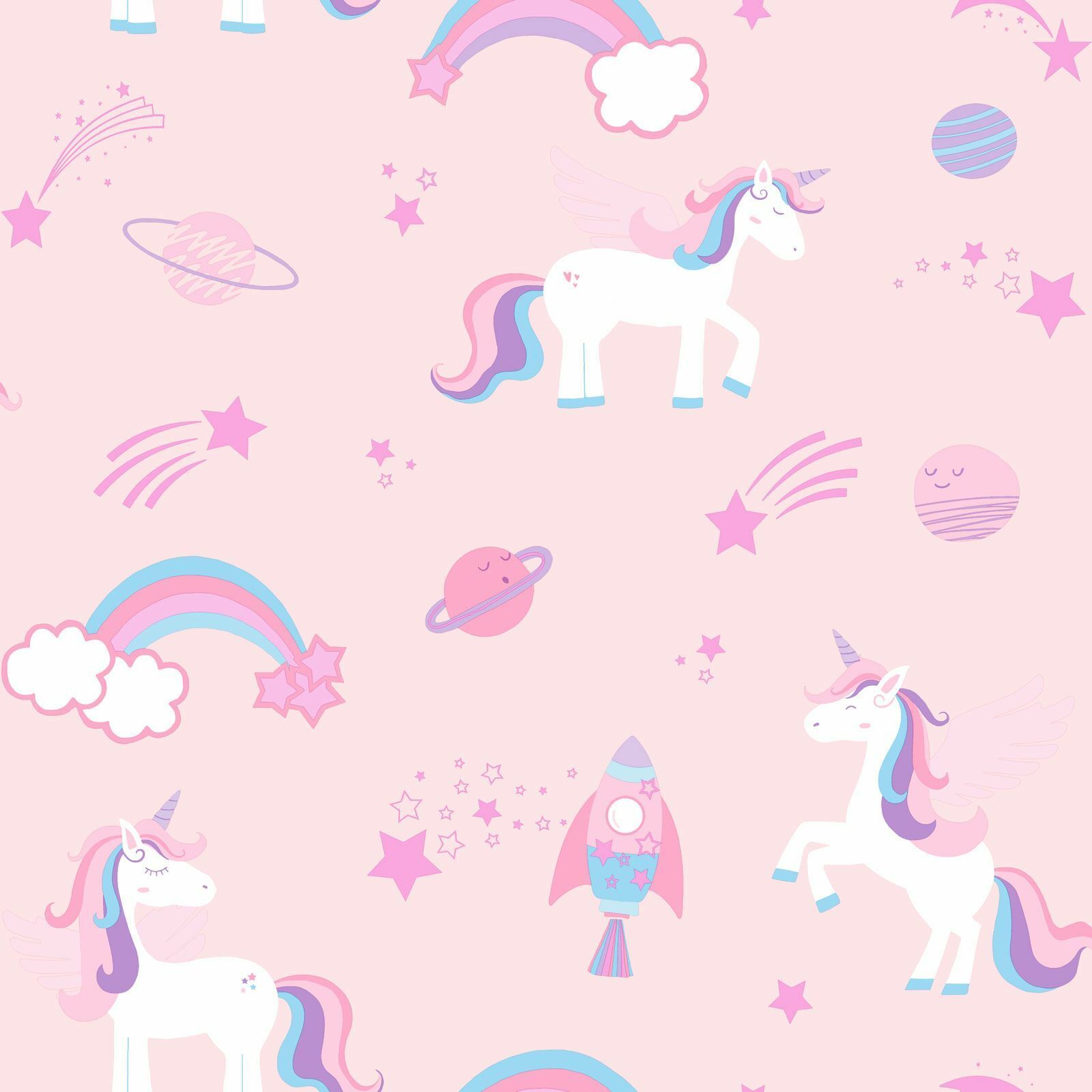 1600x1600 Over the Rainbow Unicorns, Rockets and Rainbows Wallpaper Pink 90961