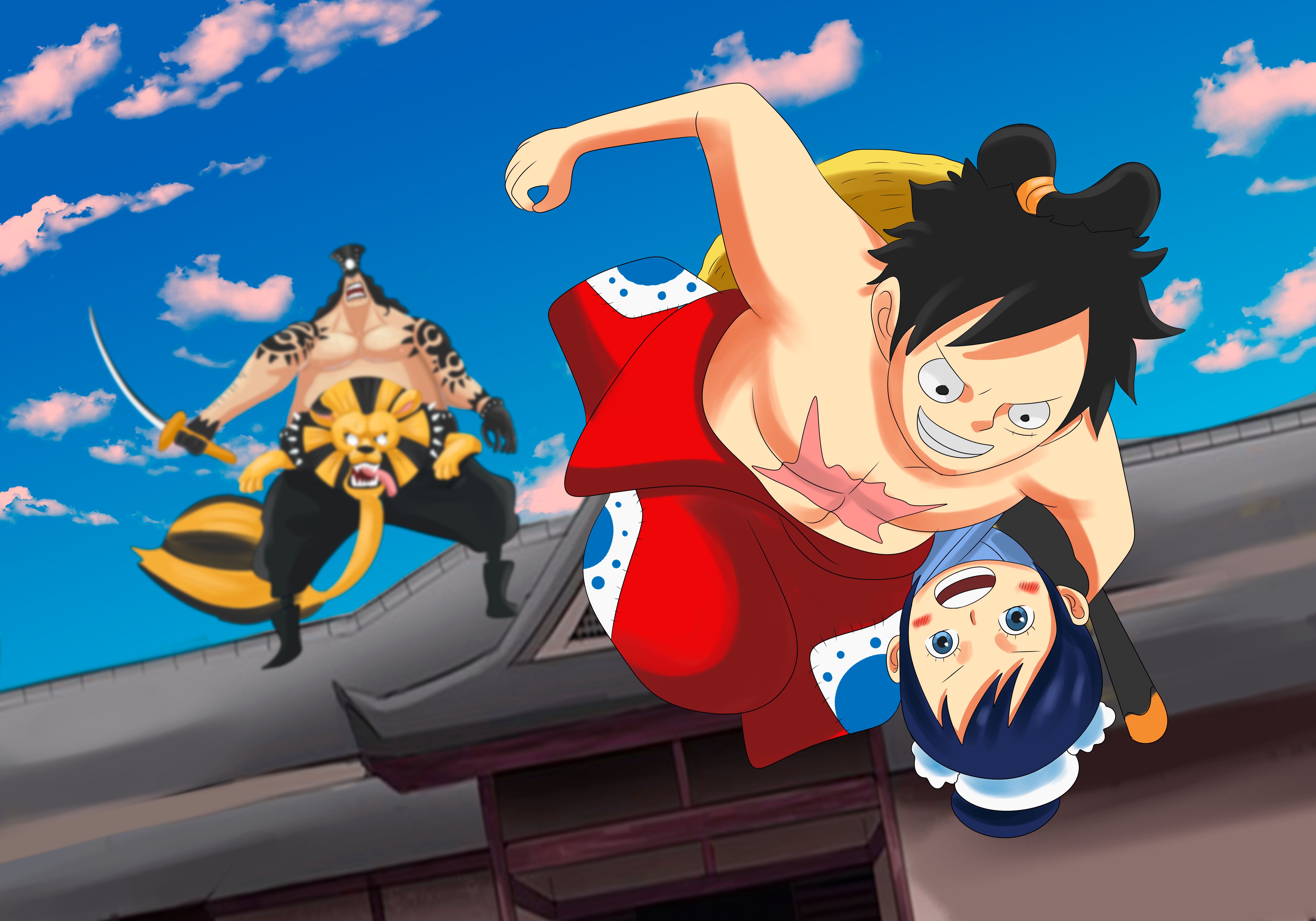 5000x3500 HD desktop wallpaper: Anime, One Piece, Monkey D Luffy, O Tama (One Piece), Holdem (One Piece), Kamijiro (One Piece) download free picture
