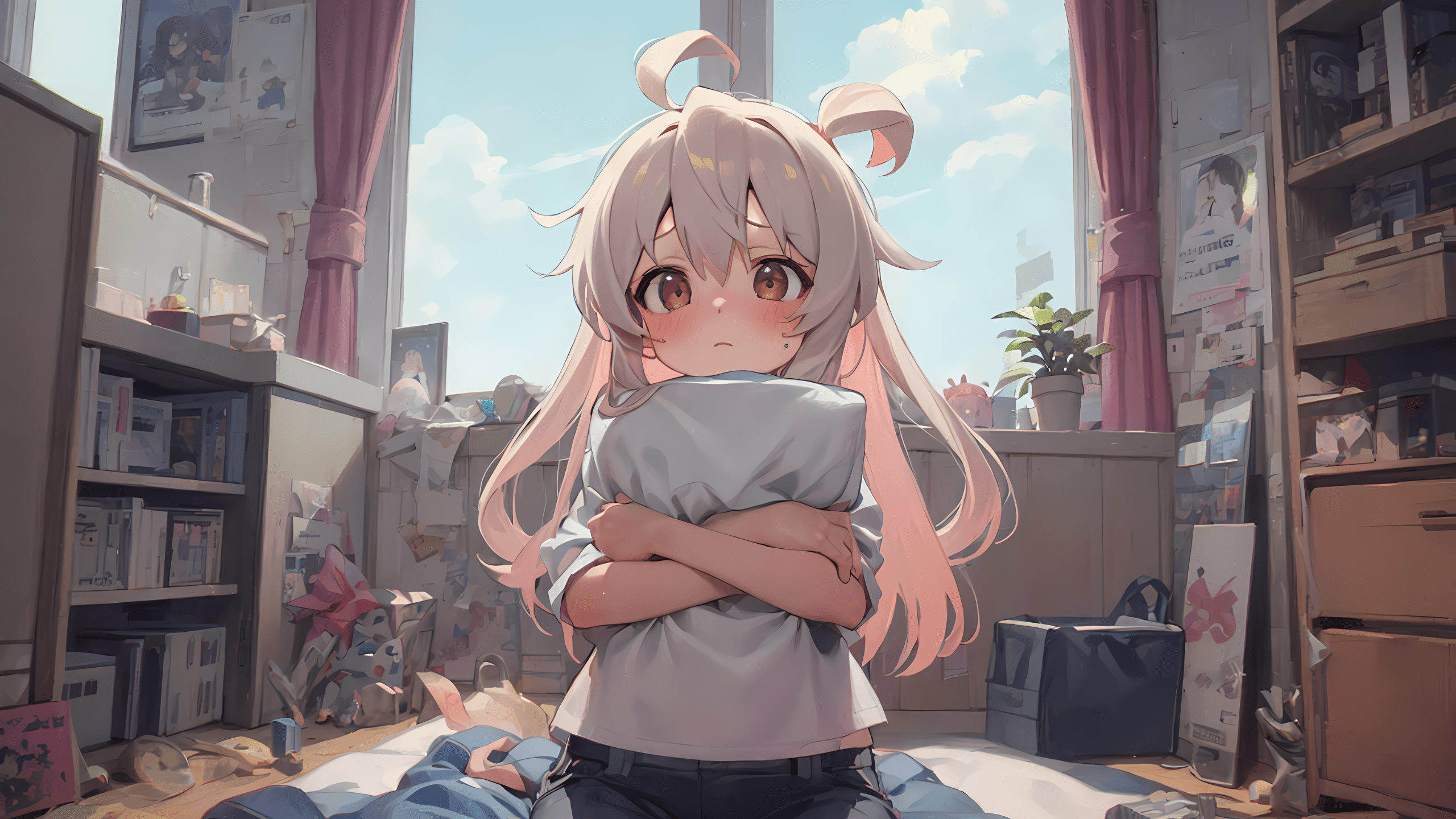 2560x1440 white hair, long hair, looking at viewer, anime girls, blushing, AI art, pillow, window, clouds, room, plants, Oyama Mahirox1440 Wallpaper