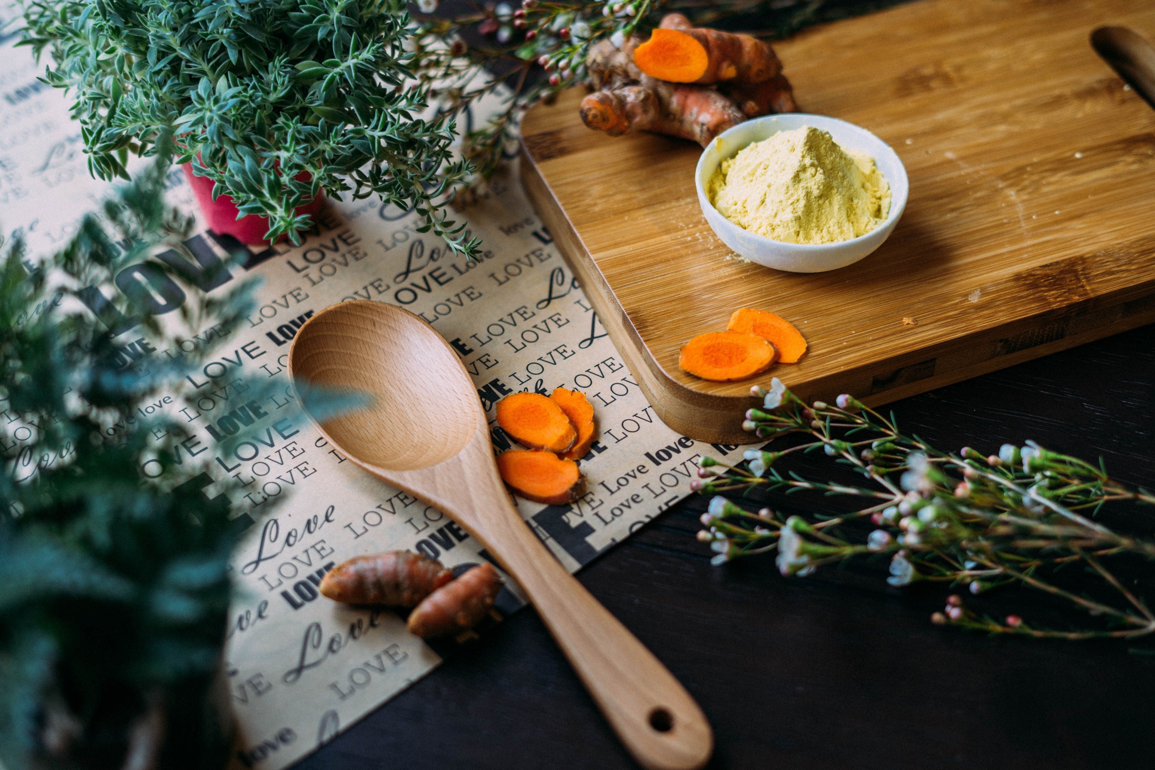 3840x2560 Wallpaper / herbs turmeric and spice on cutting board near wooden spoon and paper reading love, herbs and spice on board 4k wallpaper free download