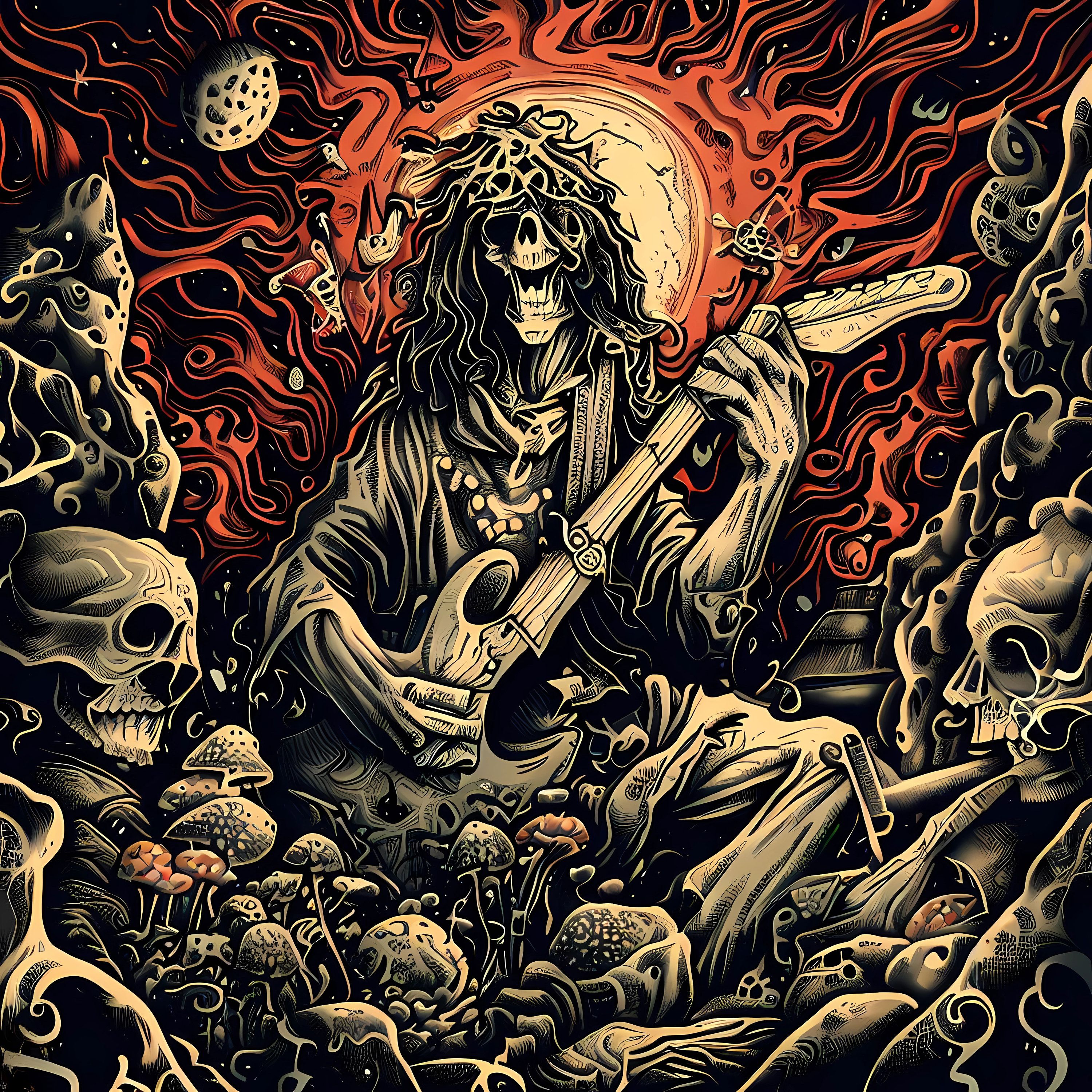 3000x3000 Skeleton Doom Metal Art Guitar Laying Among Skulls and