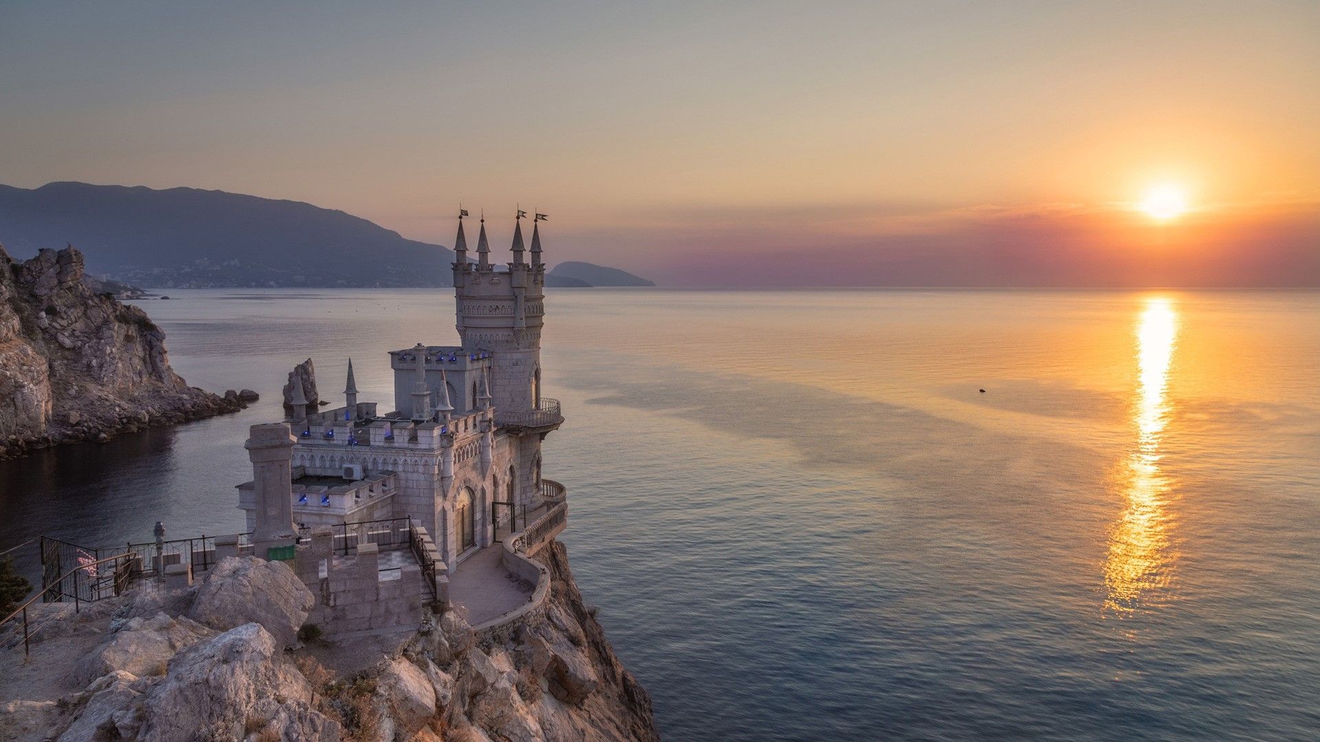 1920x1080 Wallpaper / nature, landscape, castle, architecture, ancient, tower, Sun, Crimea, sea, Black Sea, reflection, mountains, cliff free download