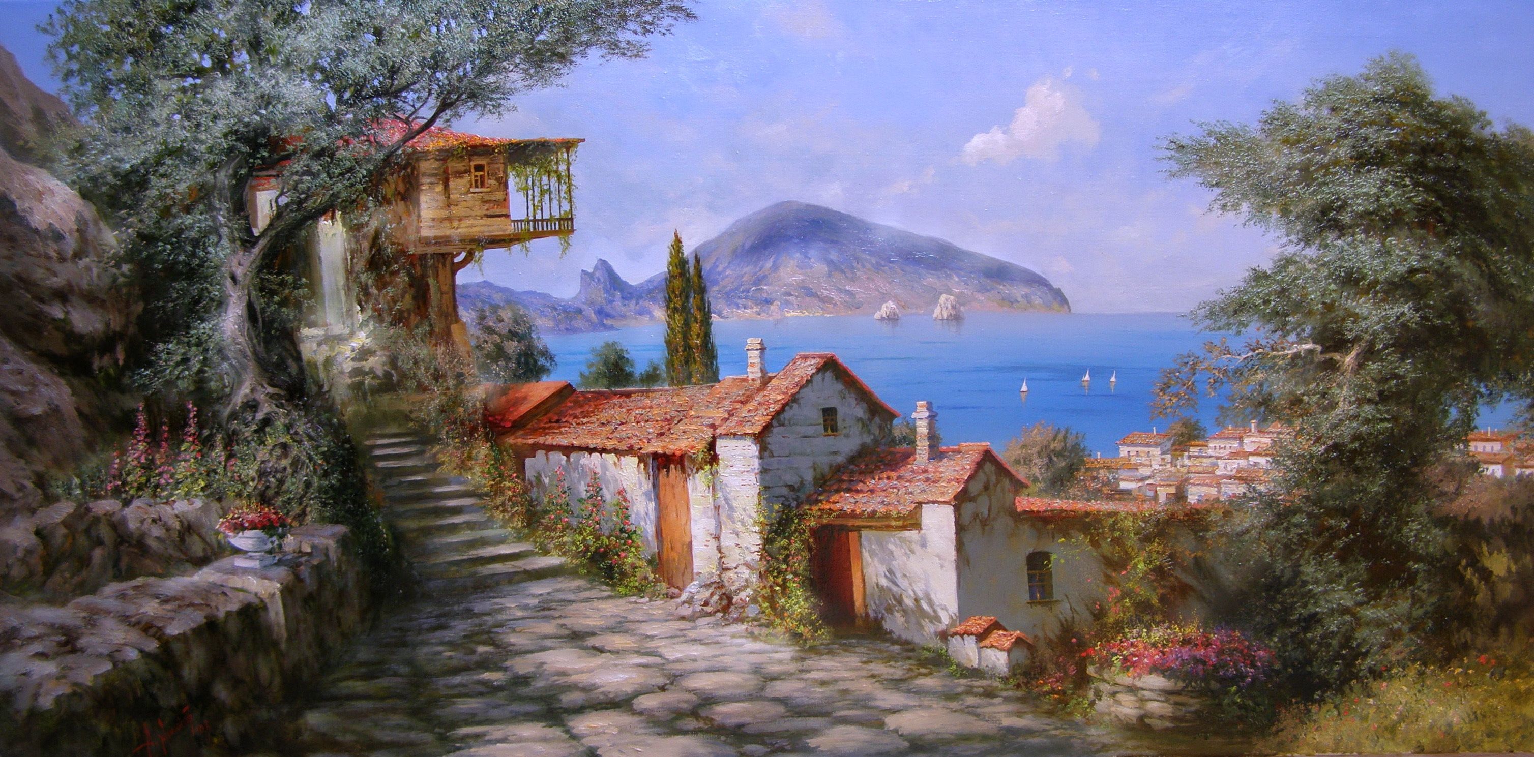 3016x1489 Miliukov Alexander Sun Gurzuf Crimea sea sail cabins mountain flowers happiness summer wood painting art beauty heaven wallpaperx1489
