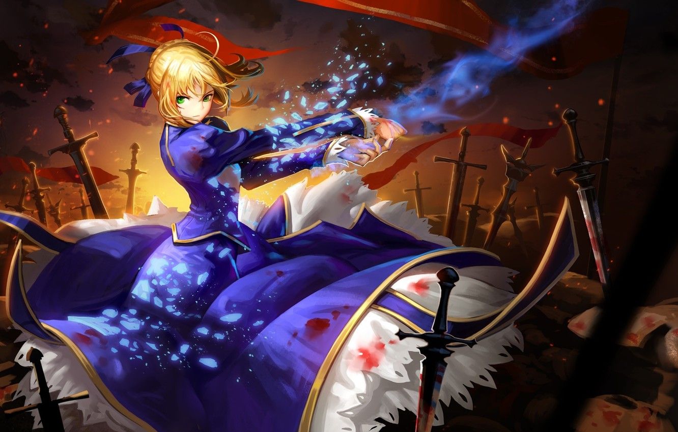 1332x850 Wallpaper Girl, Figure, Anime, Excalibur, Fantasy, Art, Blonde, Battlefield, Girl, Fantasy, Knight, Excalibur, Fate Stay Night, Green Eyes, Battlefield, Anime Image For Desktop, Section прочее