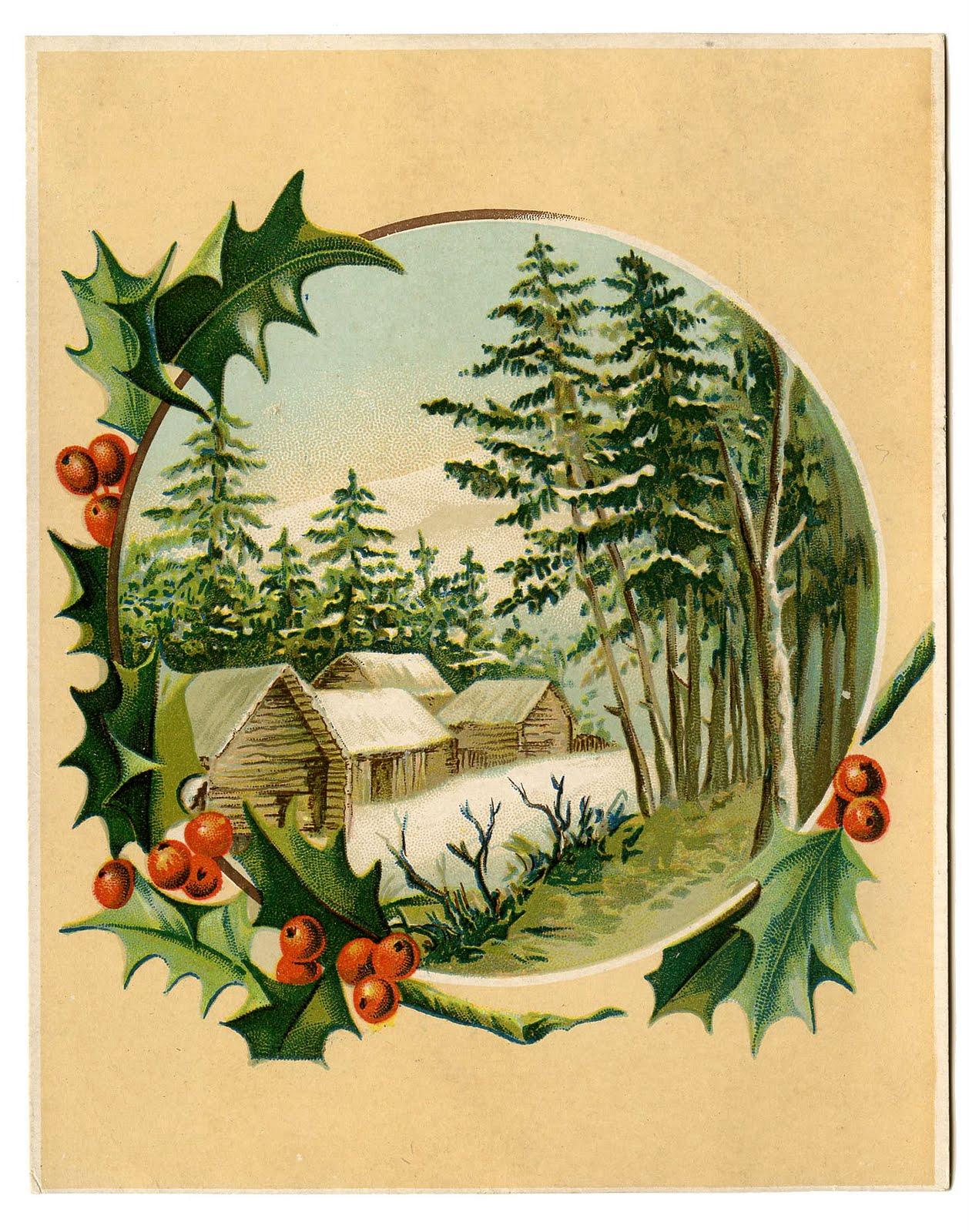 1258x1600 Vintage Christmas Clip Art Scene + Holly Frame