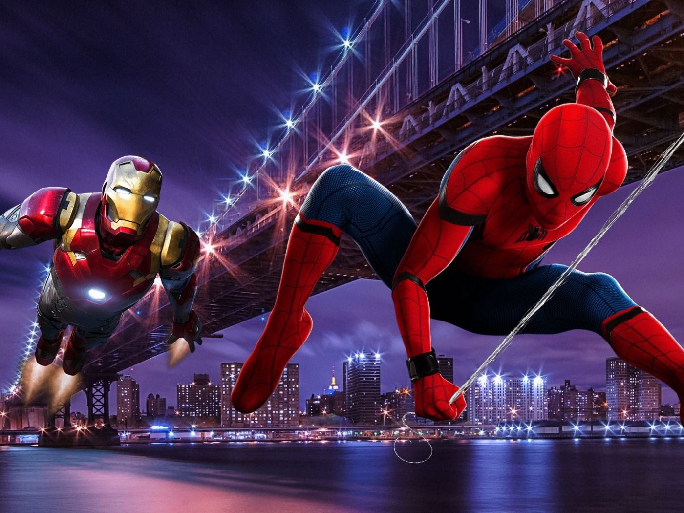 1400x1050 Download wallpaper Bridge, New York, Night, Iron Man, Tony Stark, Peter Parker, Spider Man, section fantasy in resolution 1400x1050