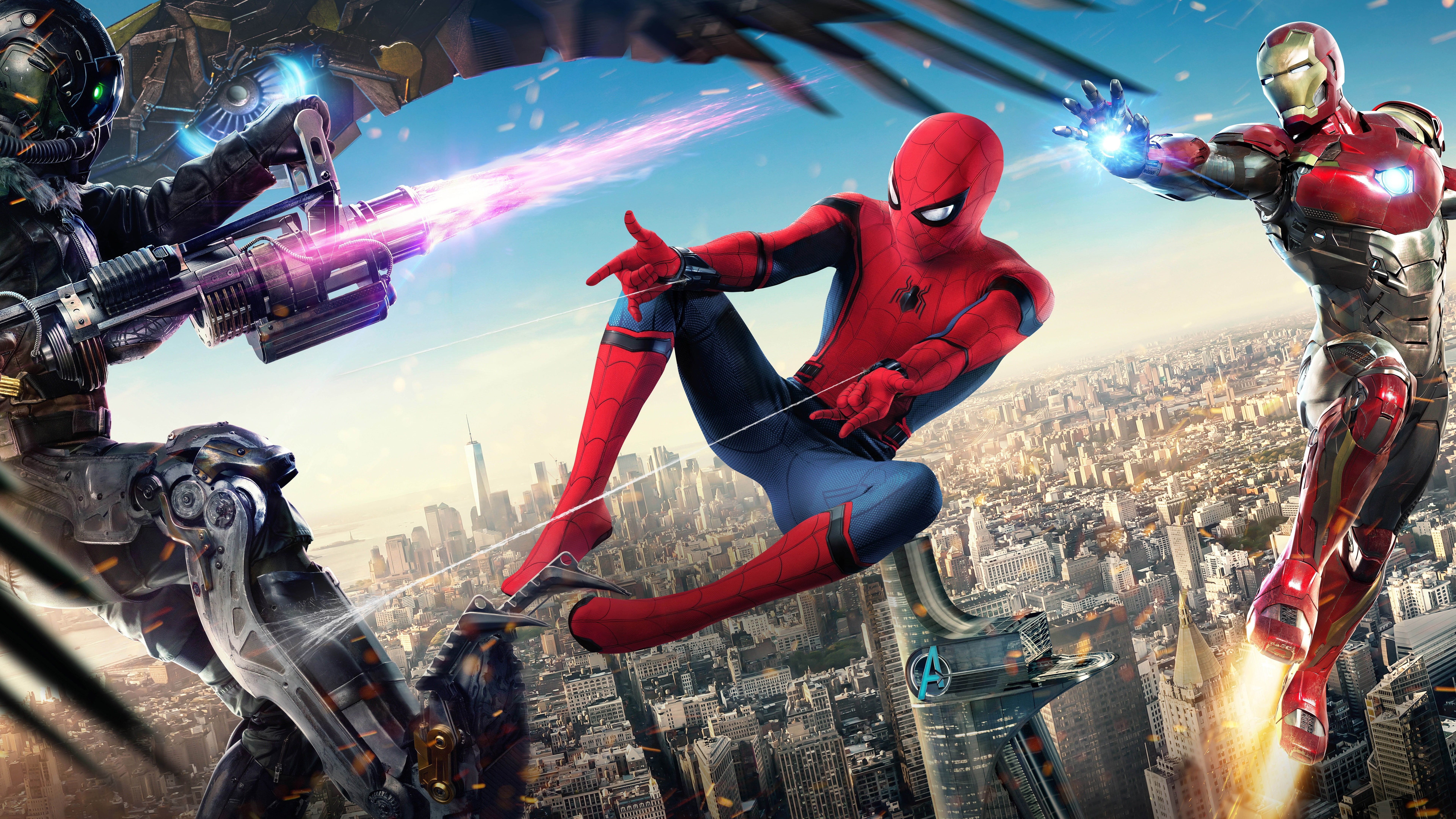 7680x4320 Wallpaper / Peter Parker, Spider Man, Fight, Poster, Fiction, Comic, 8K, Robert Downey Jr., Tony Stark, MARVEL, Adrian Toomes, Michael Keaton, The City, Spider Man: Homecoming Free Download