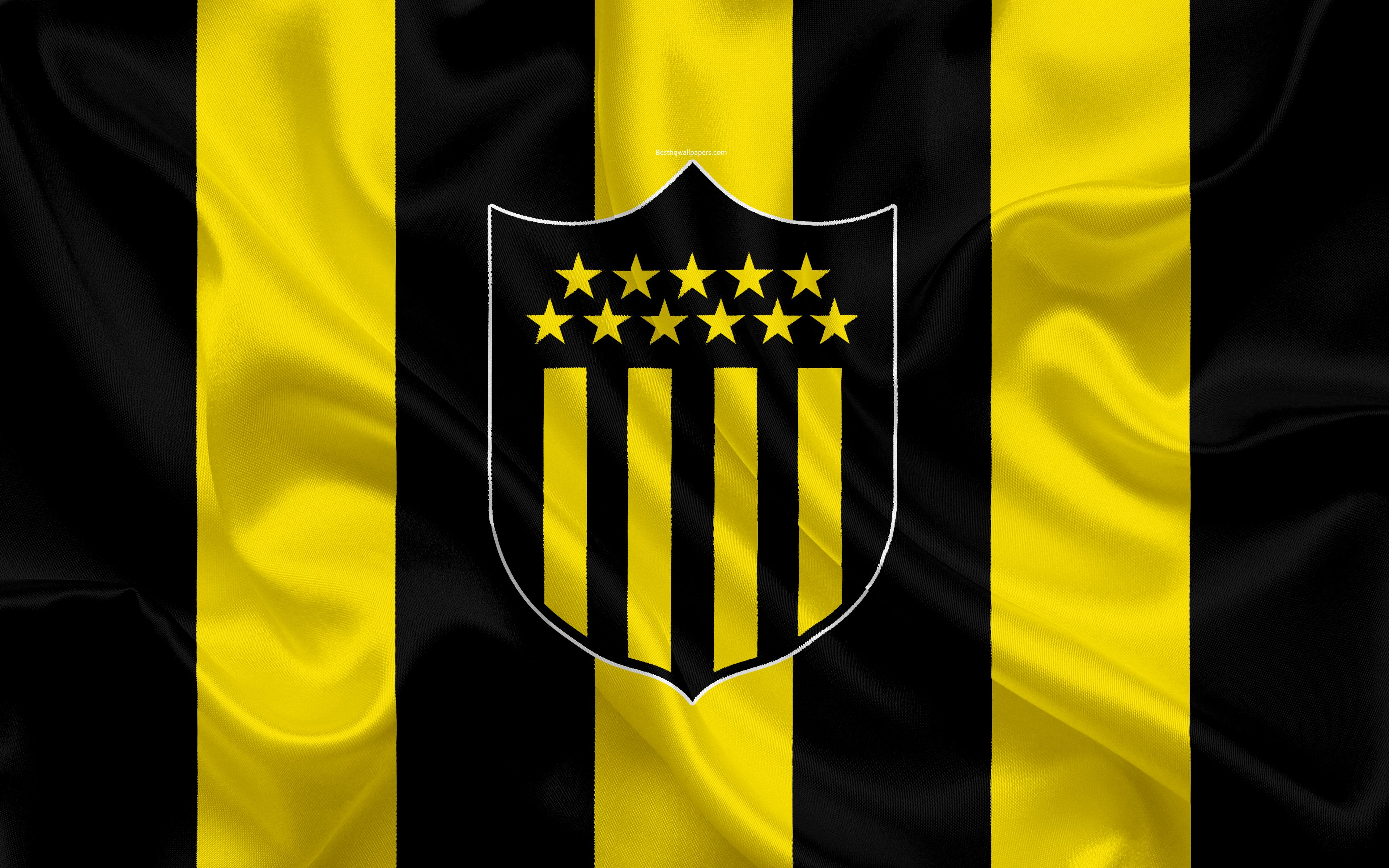 3840x2400 Download wallpaper CA Penarol, Aurinegros, 4k, Uruguayan football club, silk texture, logo, emblem, yellow black flag, Montevideo, Uruguay, Uruguayan Primera Division, football, Club Atletico Penarol for desktop with resolution 3840x2400. High Quality