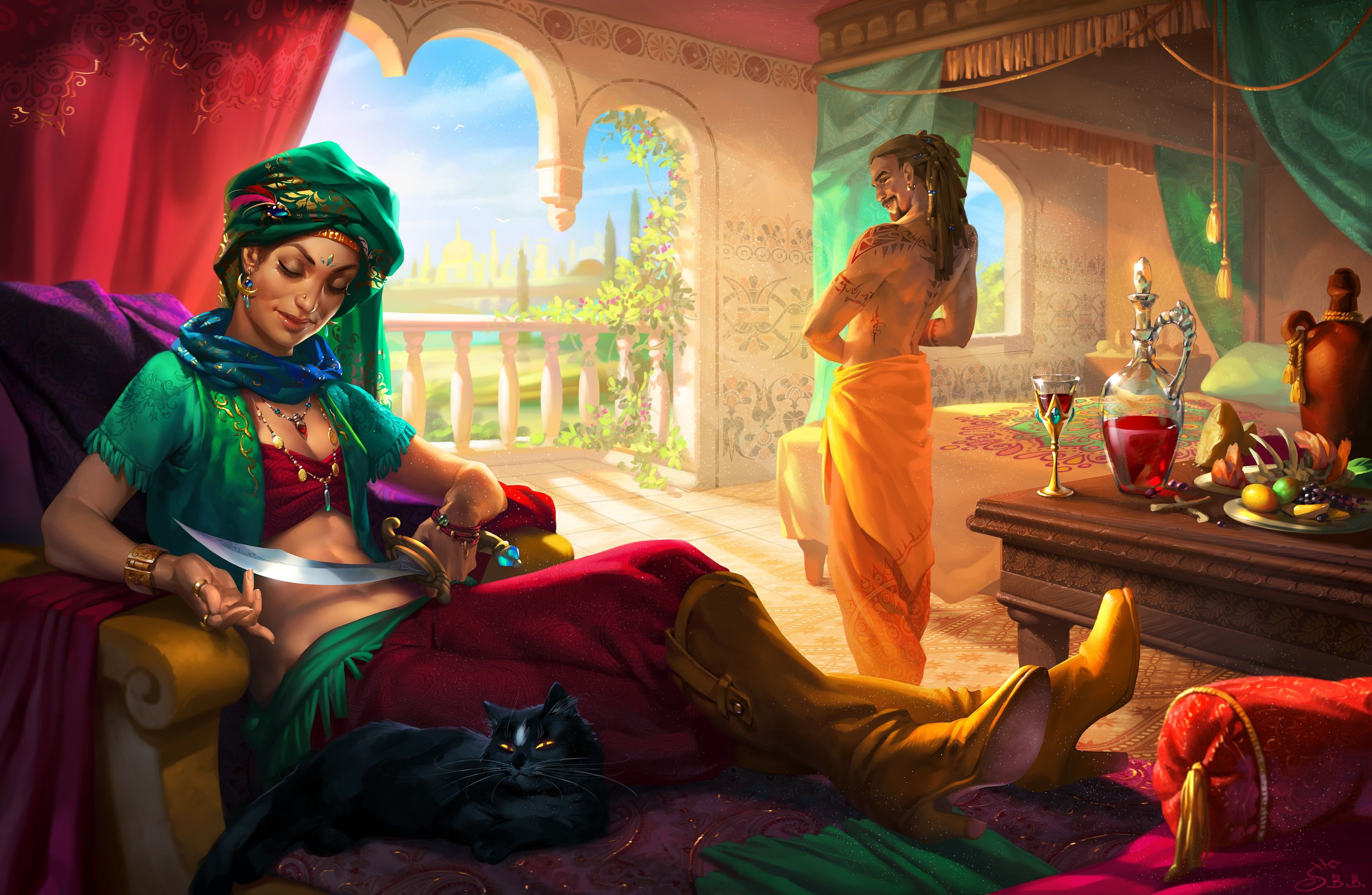 3840x2506 Wallpaper / 4K, Vera Velichko, digital painting, drink, cats, blankets, men, food, jars, boots, armchair, towel, sword, nature, indian hat, balcony, women, blouse free download
