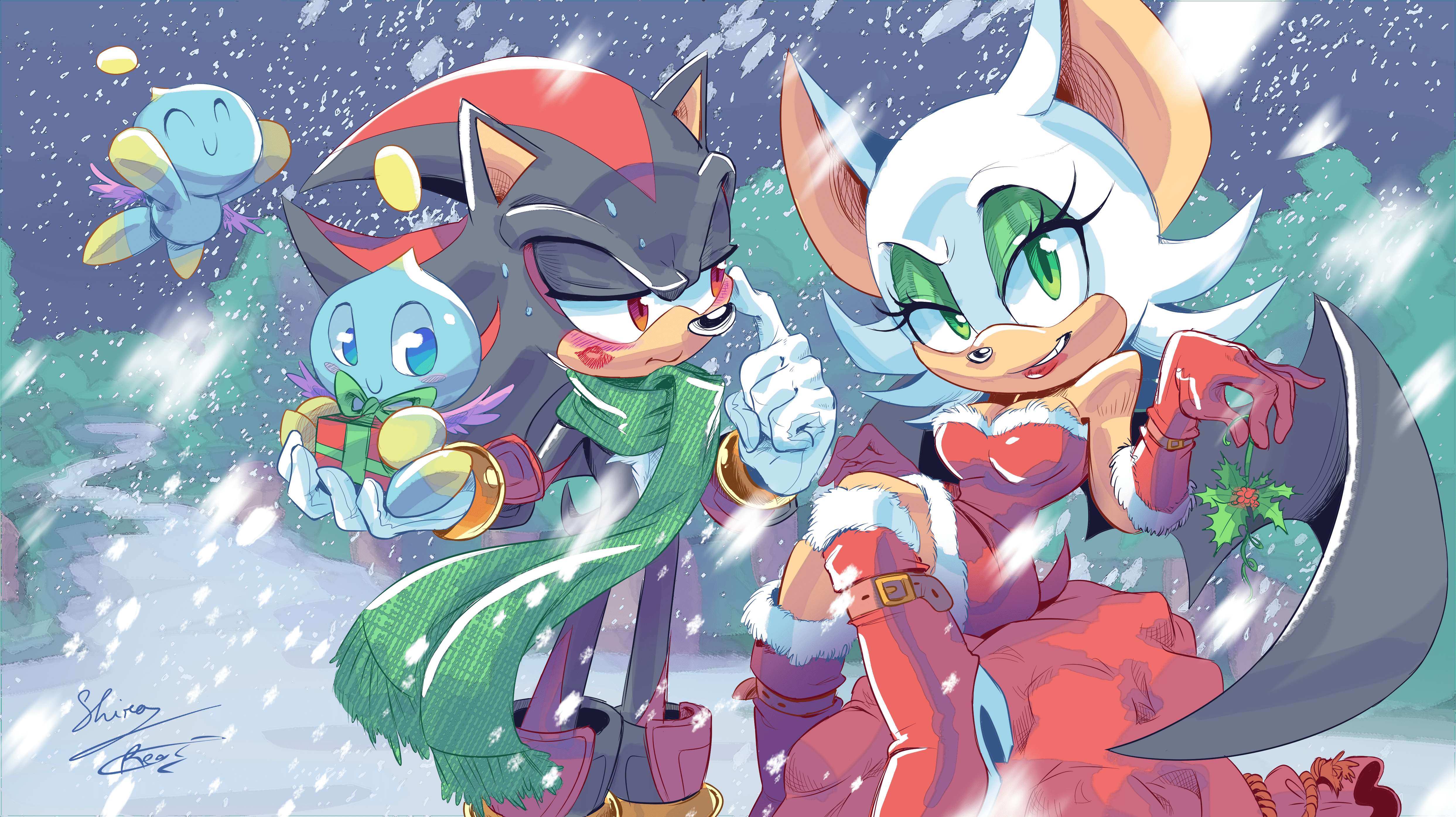 4971x2791 shadow the hedgehog, rouge the bat, and chao (sonic) drawn