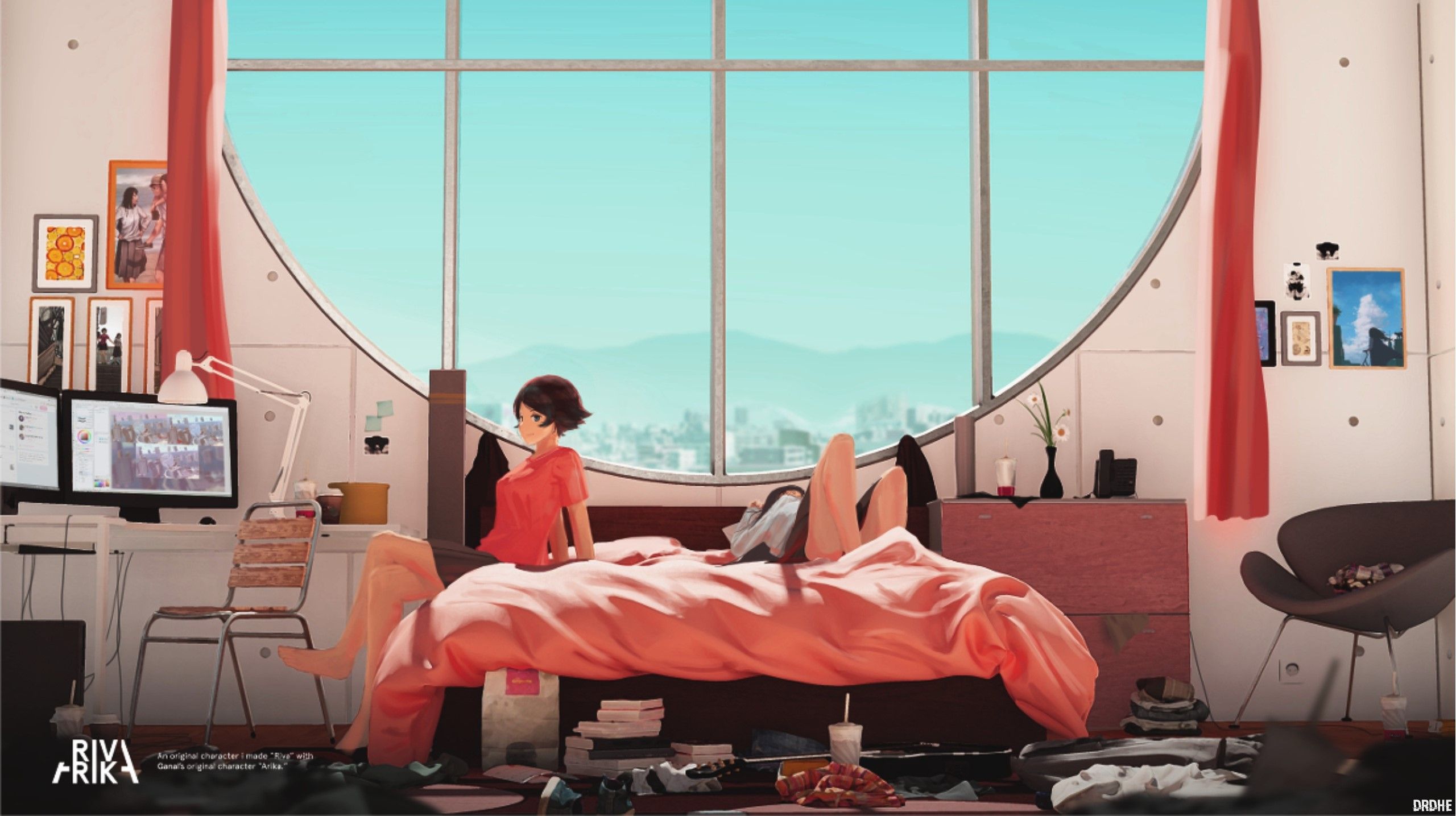 2560x1435 Wallpaper / anime girls, Chill Out, original characters, bedroom, window, smiling free download