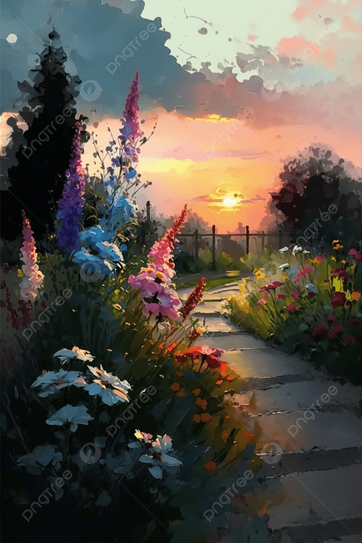1200x1800 Flowers Sky Stone Path Gorgeous Flowers Spring Garden Flowers Oil Painting Background Wallpaper Image For Free Download