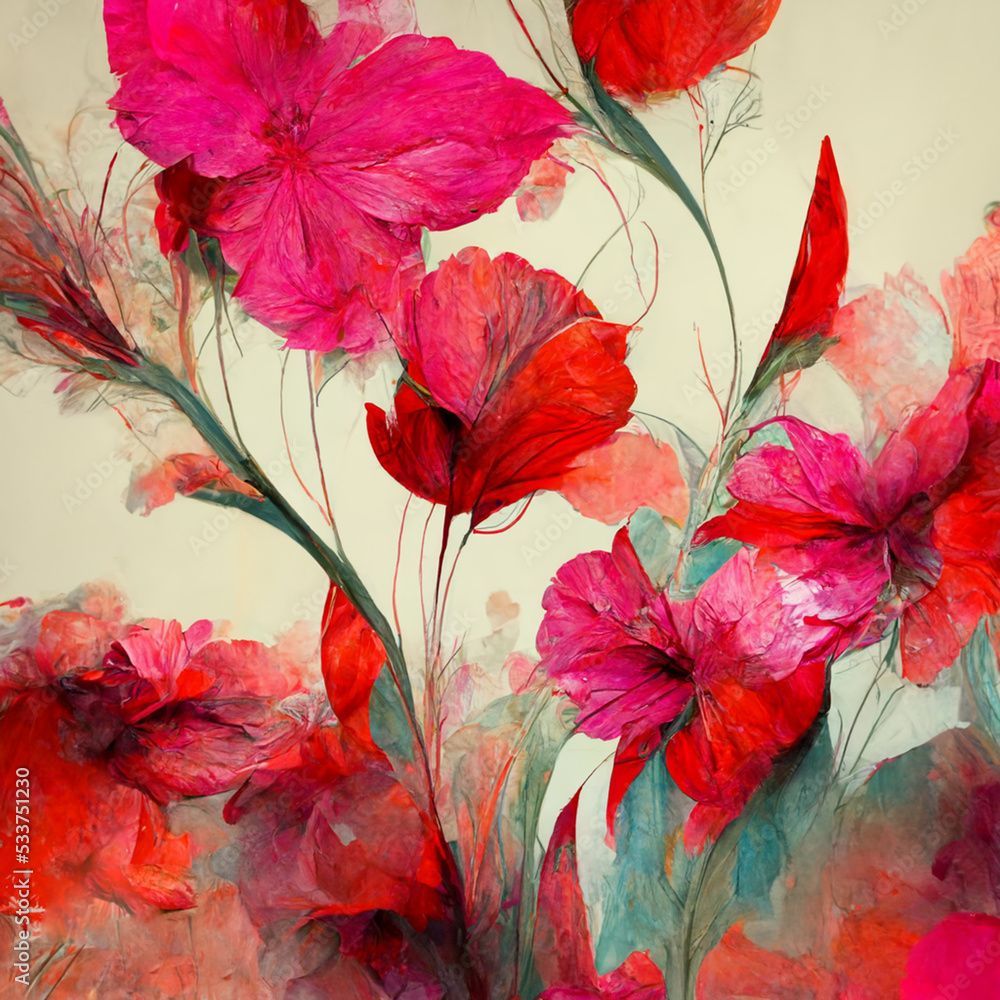 1000x1000 Pink flowers background. Watercolor art background. Digital generated wallpaper design with flower paint brush line art. Stock Illustration