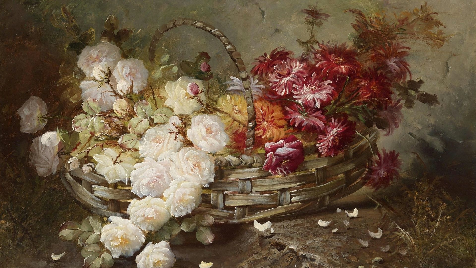 1920x1080 Wallpaper / basket, art, red, white rose, painting, flower, pictura free download