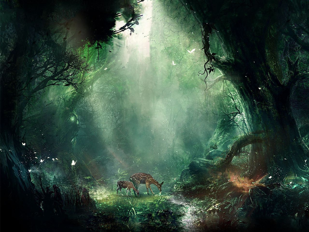 1280x960 Download wallpaper 1280x960 jungle, fantasy, deer, butterflies, night, trees standard 4:3 HD background