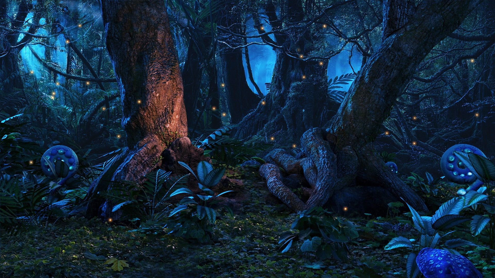 1920x1080 Wallpaper / Jungle at Night, 1080P, lights, trees, forest free download