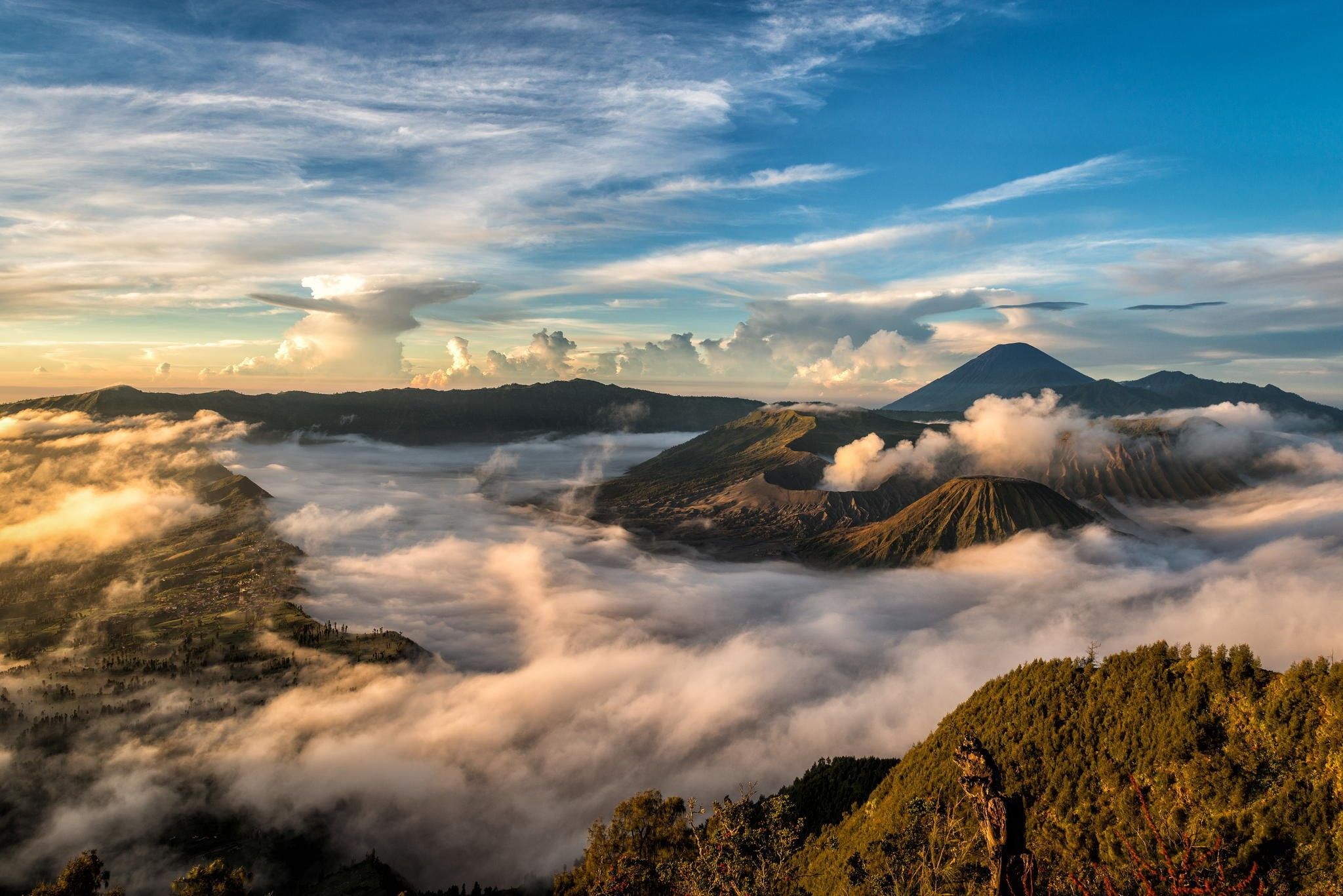 2048x1367 Wallpaper / tree, outdoors, Asia, semeru, cloud, tranquil scene, environment, nature, tranquility, brown, geology, landscape, land, volcano, beauty in nature free download