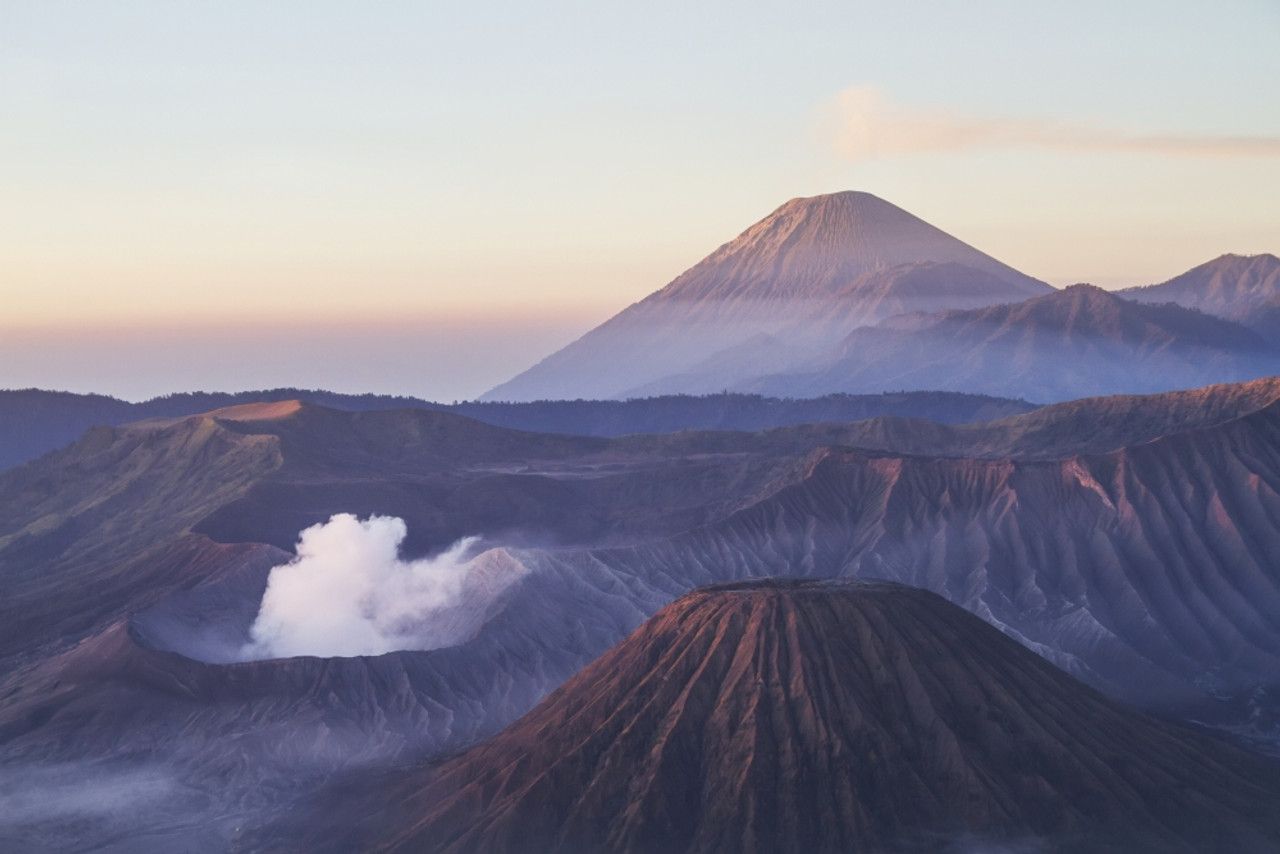 1280x854 Tengger Caldera with steaming Mount Bromo, Mount Batok and Mount Semeru in the background, seen from
