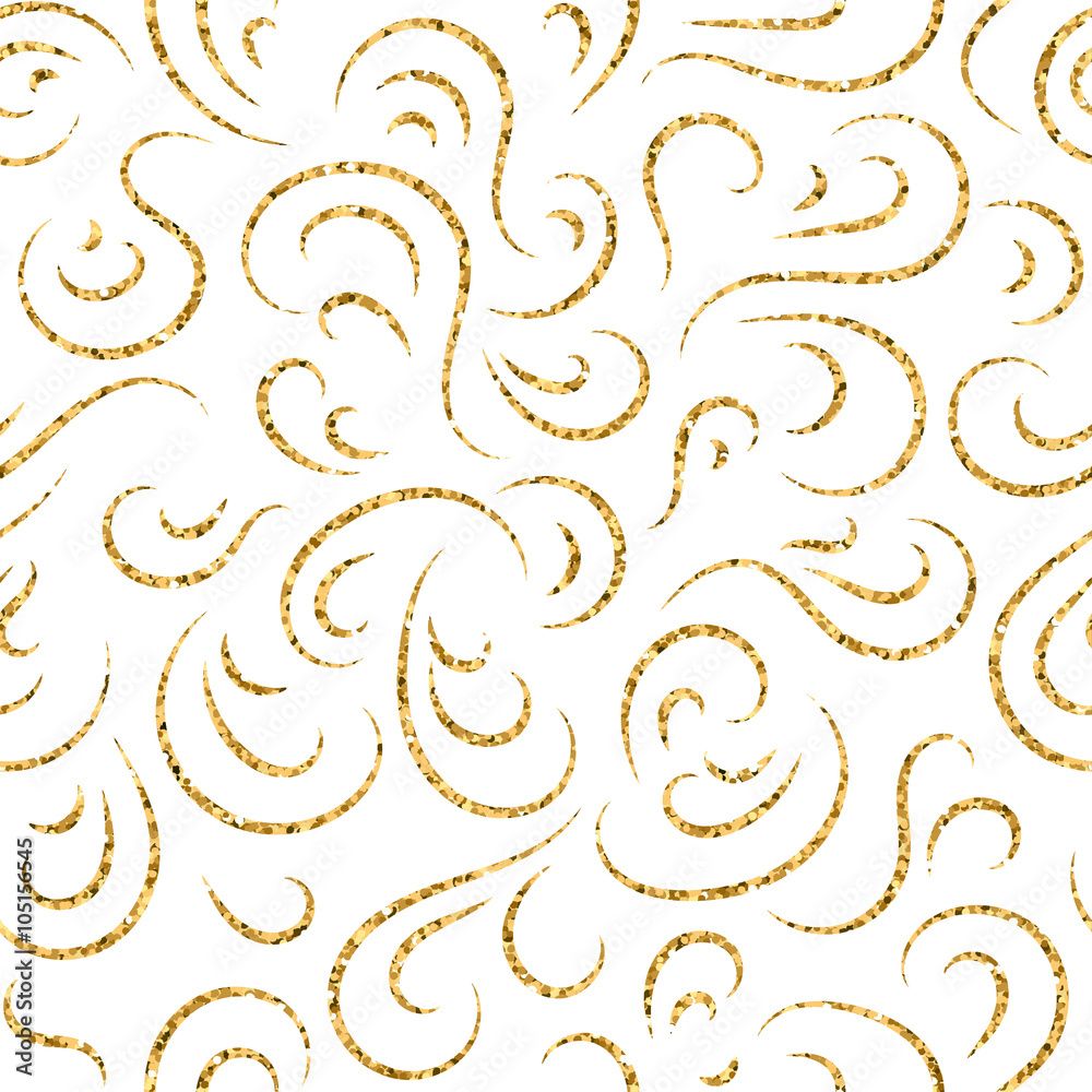 1000x1000 Gold wave seamless pattern. Draw Golden swirl glitter on white background. Abstract wavy texture. Retro Vintage. Design template graphic wallpaper, wrapping, fabric, textile, etc. Vector Illustration. Stock Vector