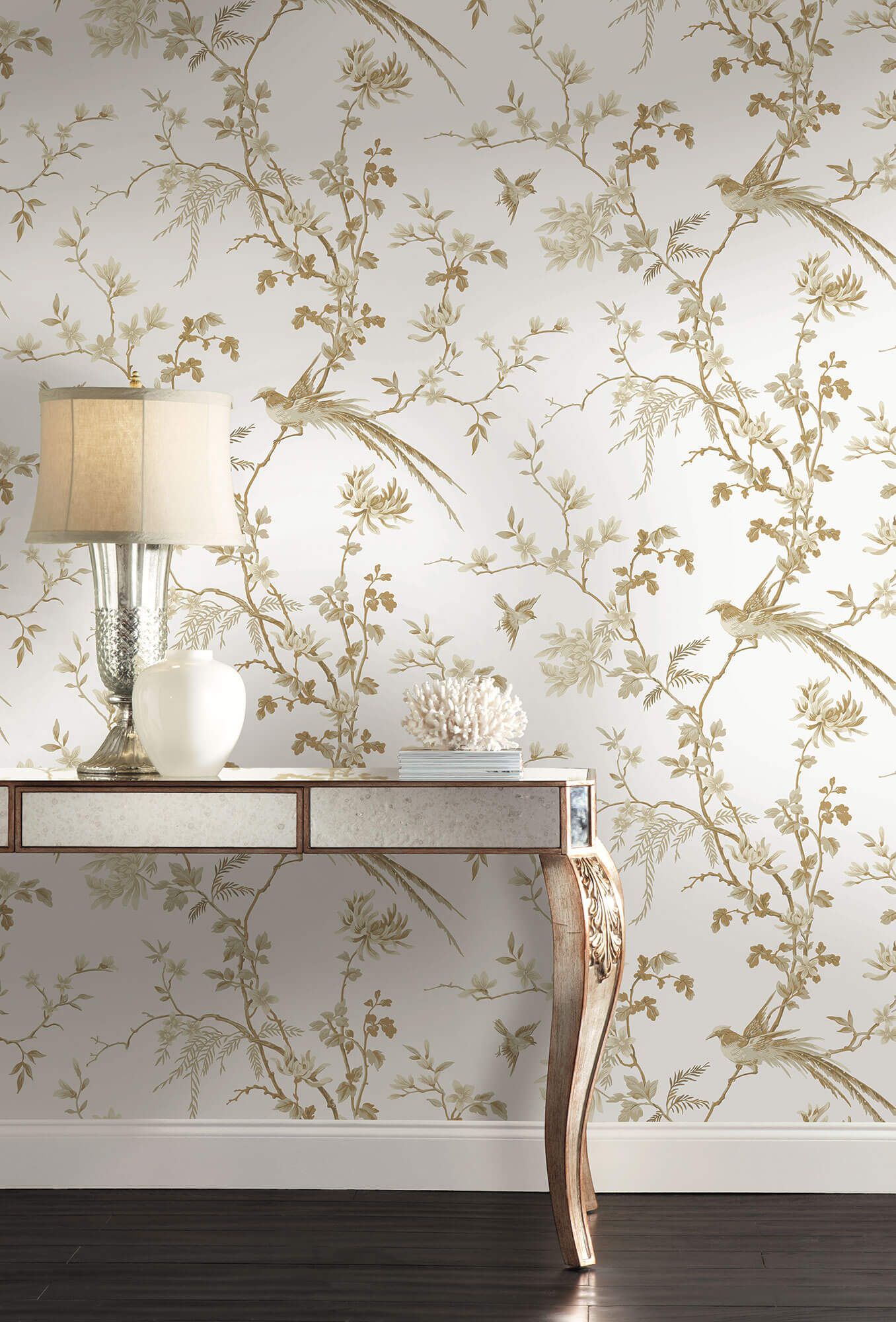 1356x2000 Ronald Redding 24 Karat Bird & Blossom Chinoiserie Wallpaper