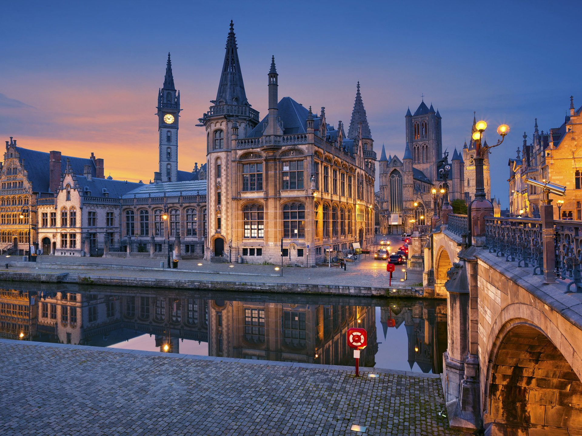 1920x1440 Ghent, Flanders, Belgium Night Lights Houses River Bridge Wallpaper Widescreen HD Resolution :