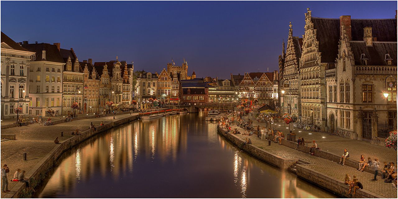 1280x641 image Ghent Belgium Canal night time Houses Cities