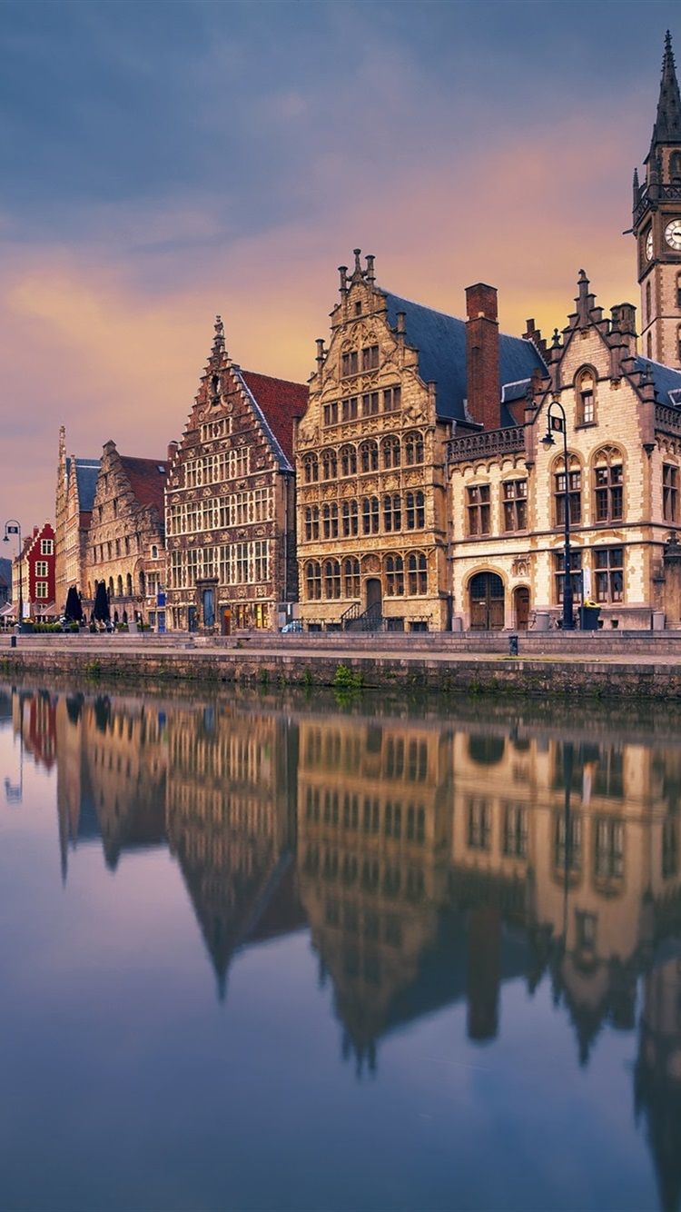 750x1334 Ghent, Belgium, River, Houses, Dusk 750x1334 IPhone 8 7 6 6S Wallpaper, Background, Picture, Image
