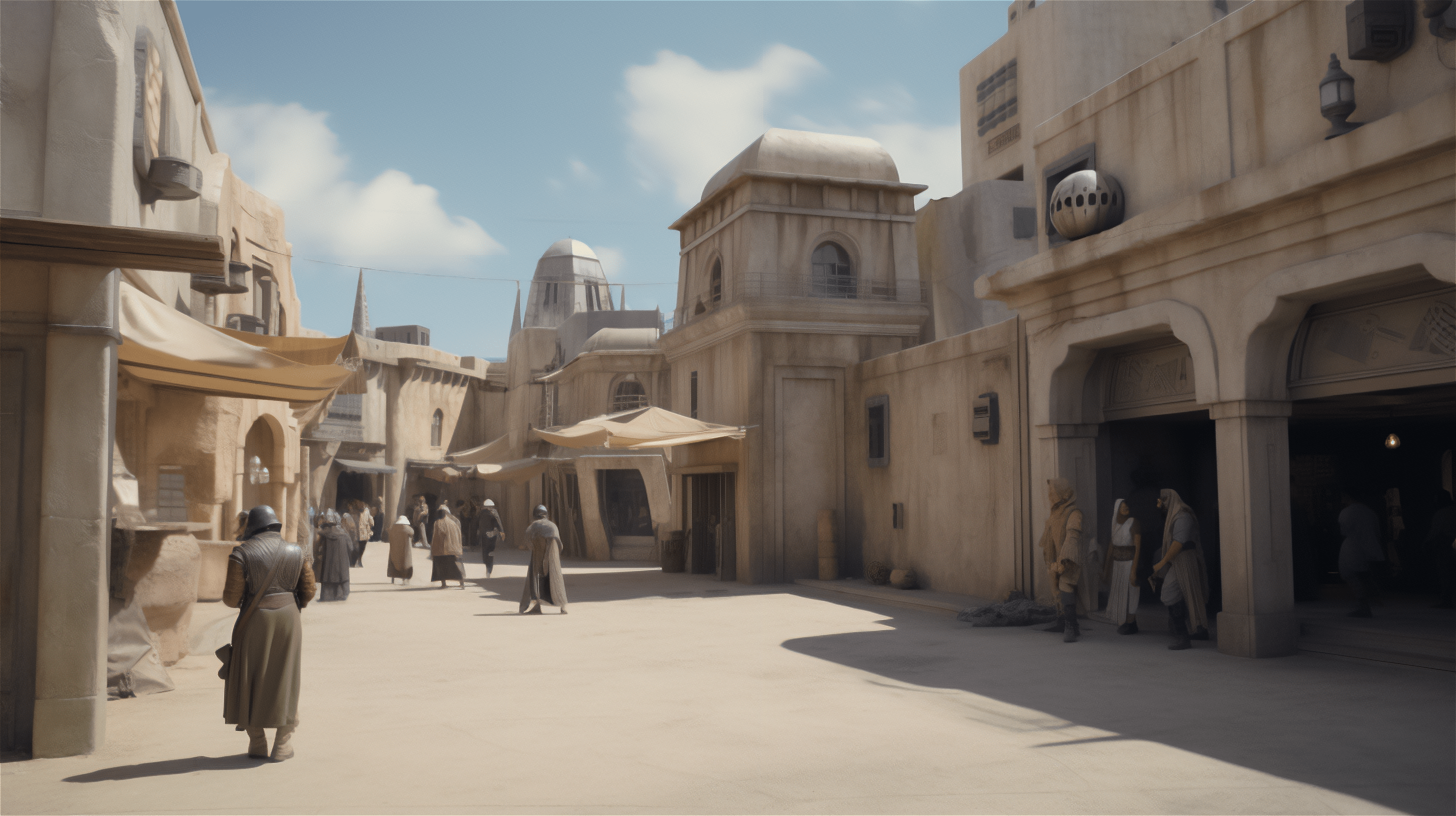 2912x1632 people, AI art, street, Mos Eisley, building, clouds, Star Warsx1632 Wallpaper