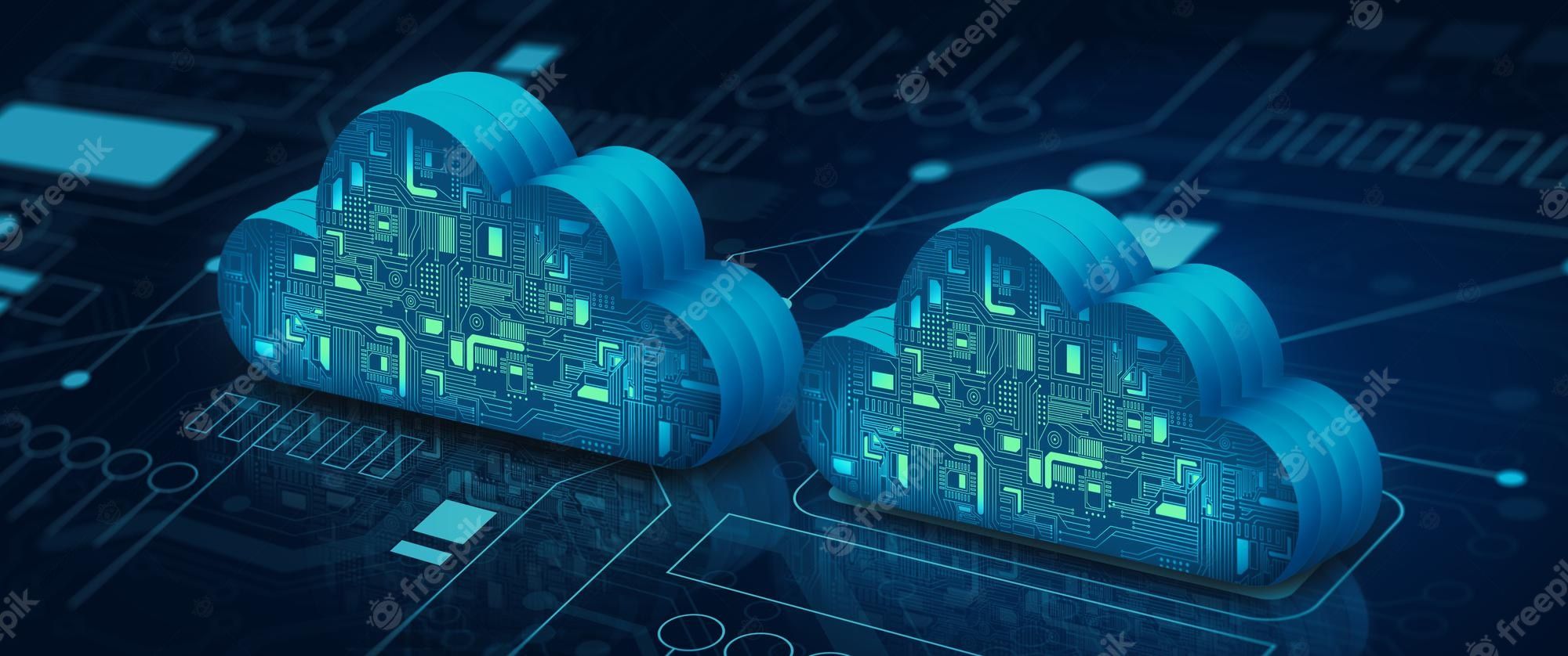 2000x838 Premium Photo. Cloud computing technology internet on converging point of circuit with abstract blue background. cloud service, cloud storage concept. 3D illustration