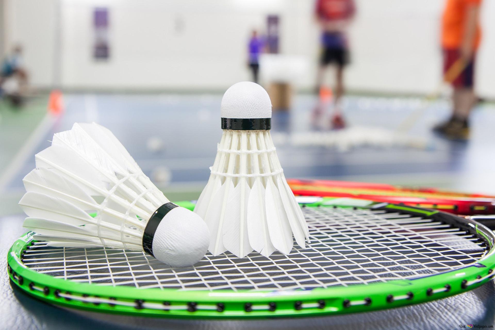1920x1280 Racket and feather ball lying on the ground at badminton training ground 2K wallpaper download