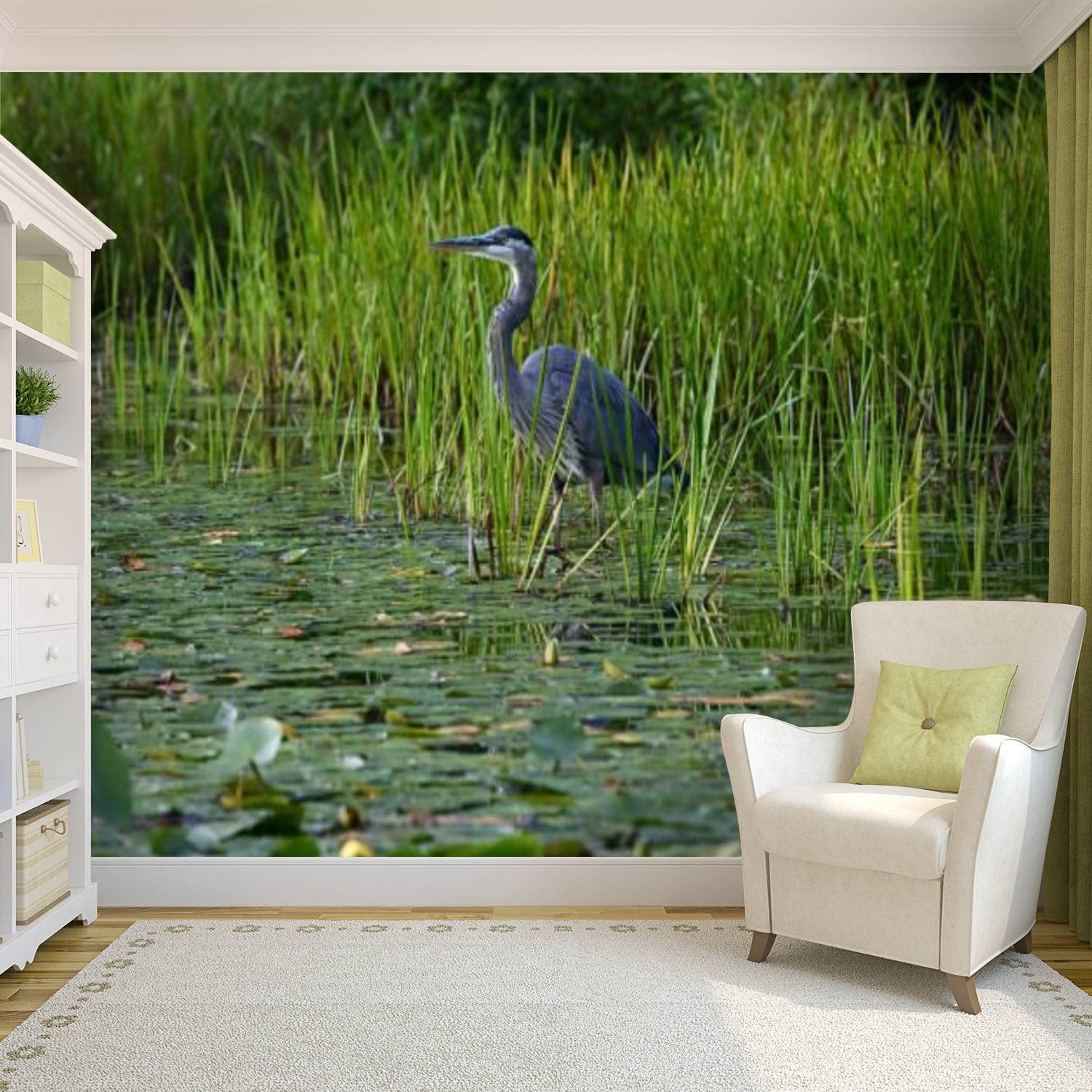 1500x1500 Self Adhesive PVC Wallpaper Great Blue Heron in Lily Pond Peel & Stick Wallpaper Wall Mural Wall Decal Wall Poster Home Decor Sticker for Living Room Bedroom