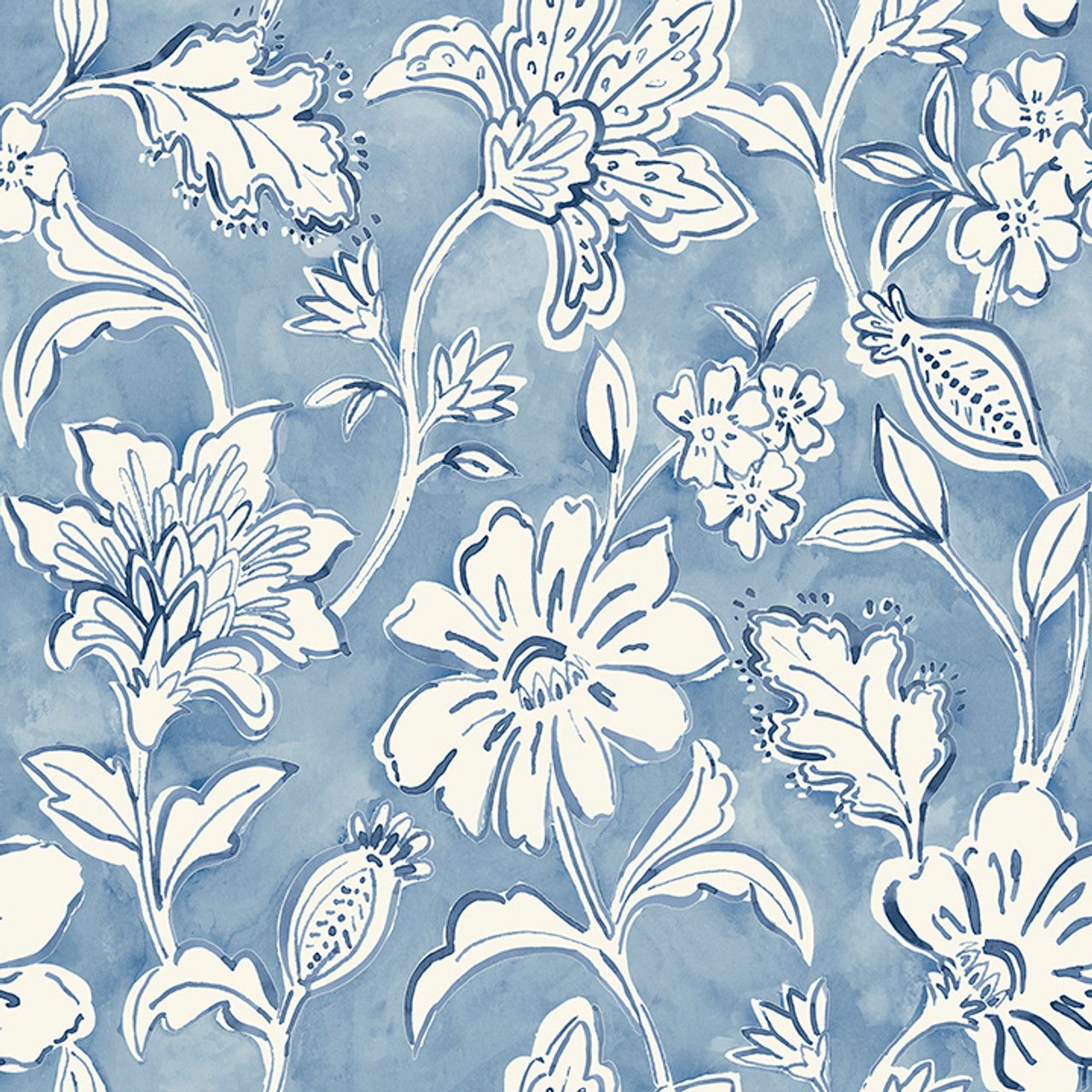 1280x1280 4071 71040 Plumeria Floral Trail Blue Botanical Theme Prepasted Sure Strip Wallpaper From Blue Heron By Chesapeake Made In United States Savvy Decorator