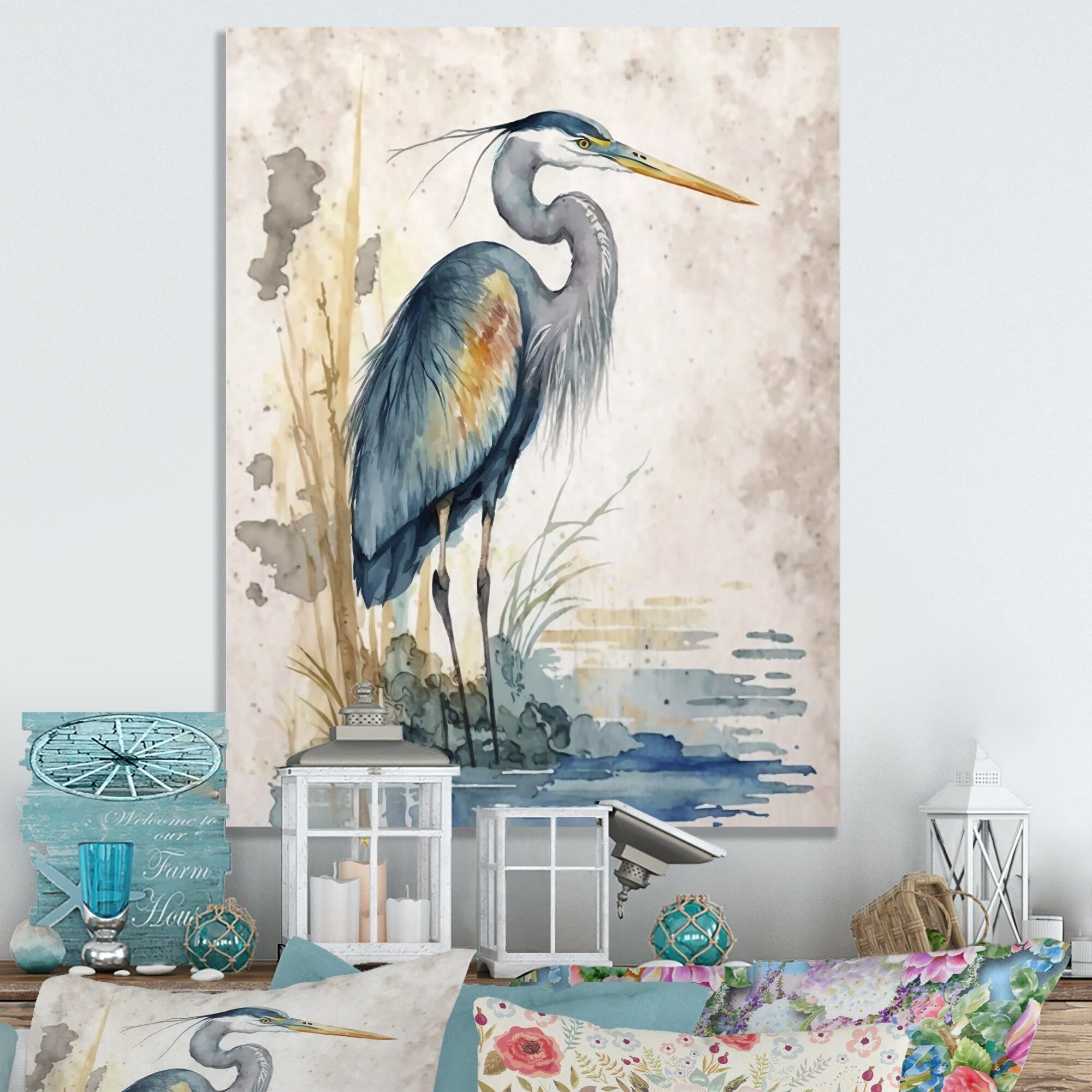 2000x2000 Designart undefinedHeron By The Waterside Watercolour Iundefined Animals Heron Metal Wall Art