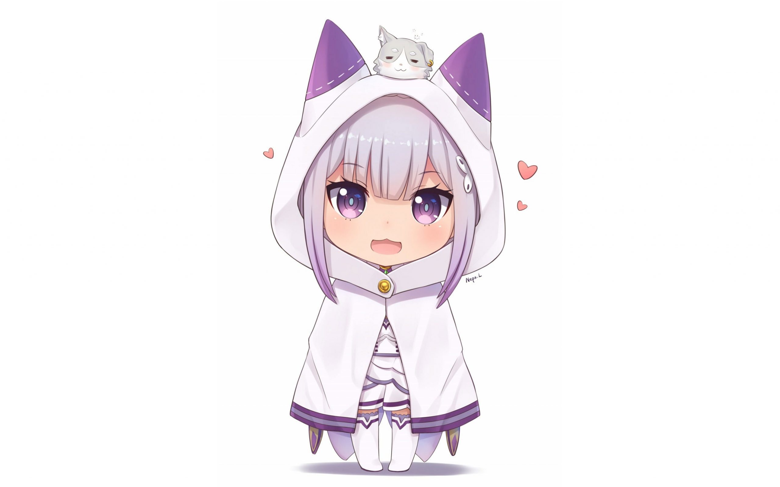 2560x1600 Emilia (Re: Zero) Wallpaper, White Background, Cape, Chibi, Dress, Grey Hair