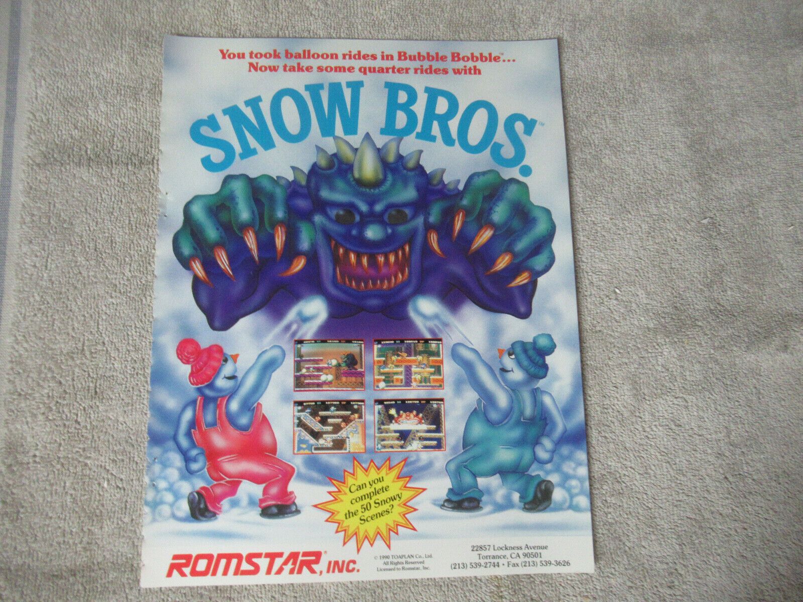 1600x1200 original 1990 ad 11- 8.5&;&; snow bros romstar ARCADE VIDEO GAME FLYER