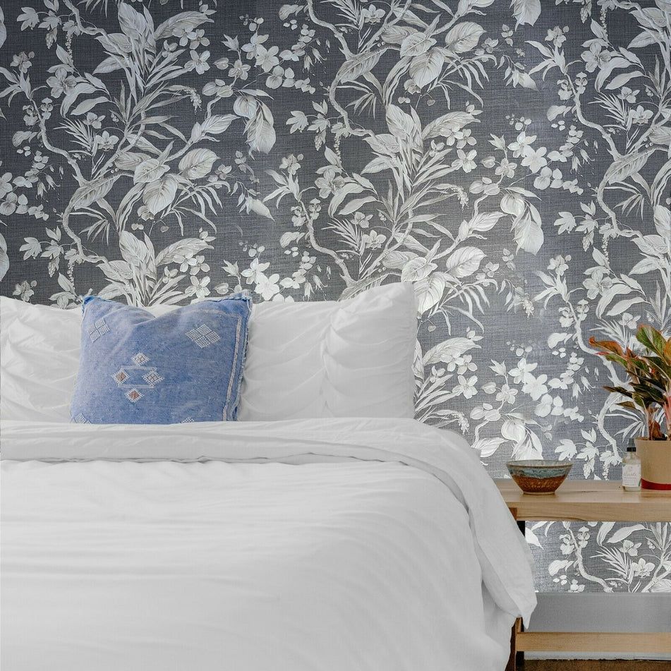 951x951 Z21836 Floral plants Charcoal gray taupe black faux fabric wallpaper