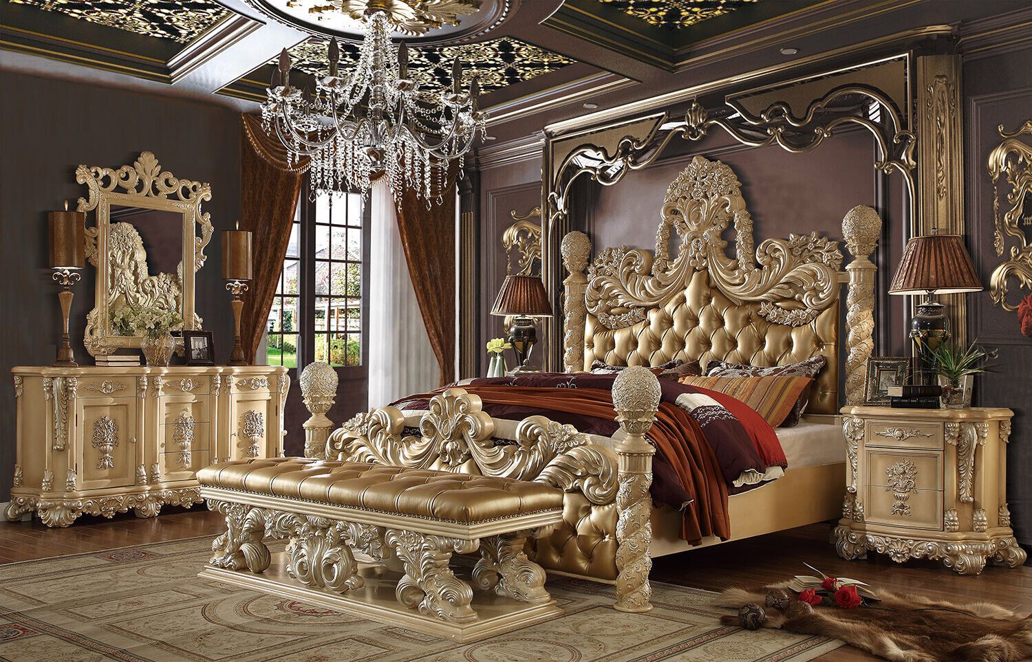 1500x963 King Size 5 PC Luxury Bedroom Set Gold, Mirror, Dresser, 2 Nightstands Furniture