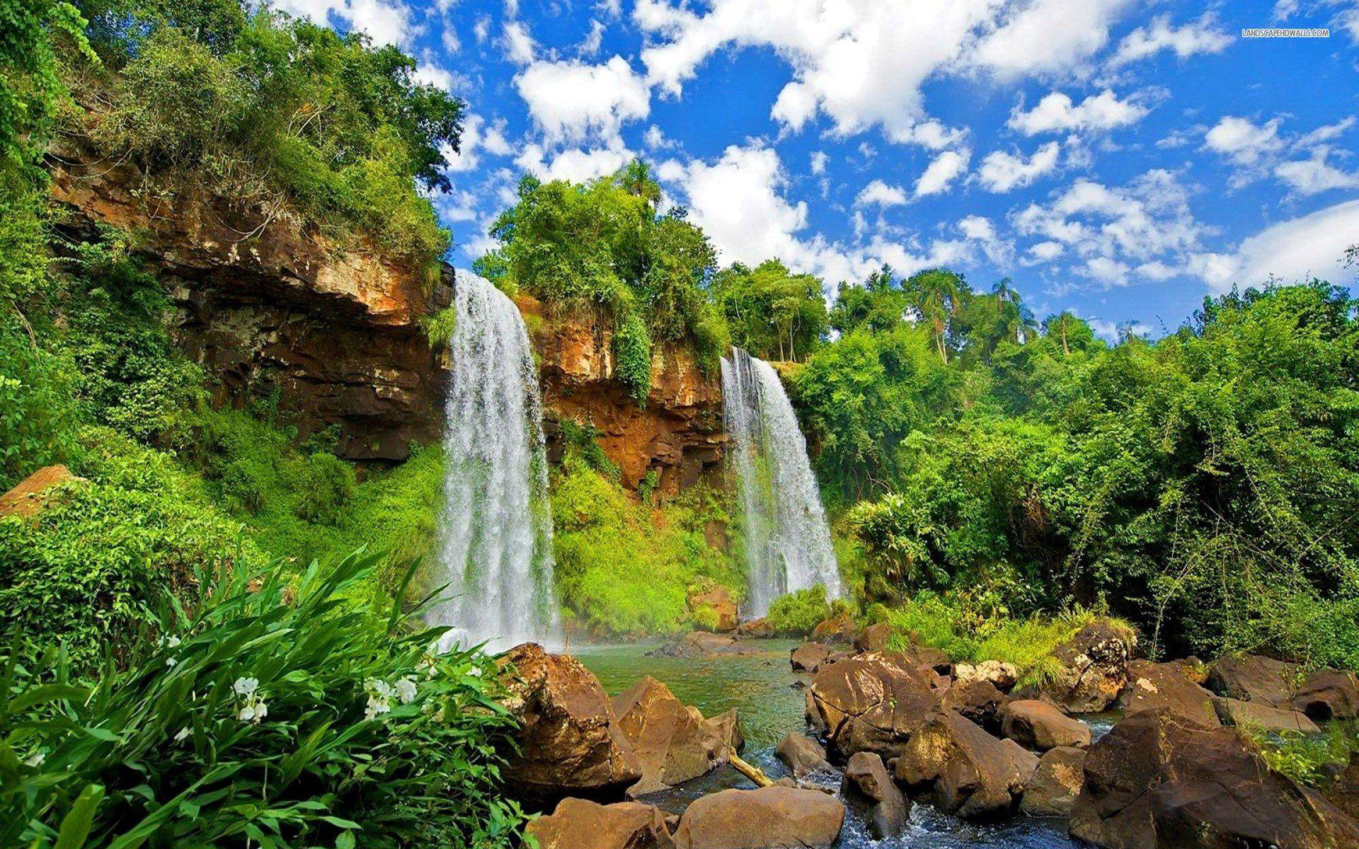 1920x1200 Blue Sky Green Forest Waterfall Wallpaper. HD Desktop Background