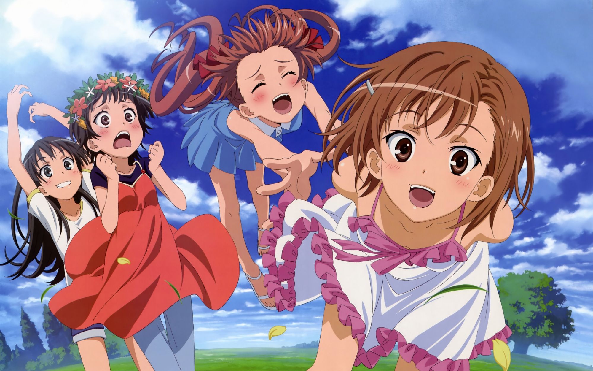 2000x1250 black hair blue eyes blush bow brown eyes brown hair clouds dress grass headdress long hair misaka mikoto nakamura naoto petals saten ruiko shirai kuroko short hair sky summer dress tears to