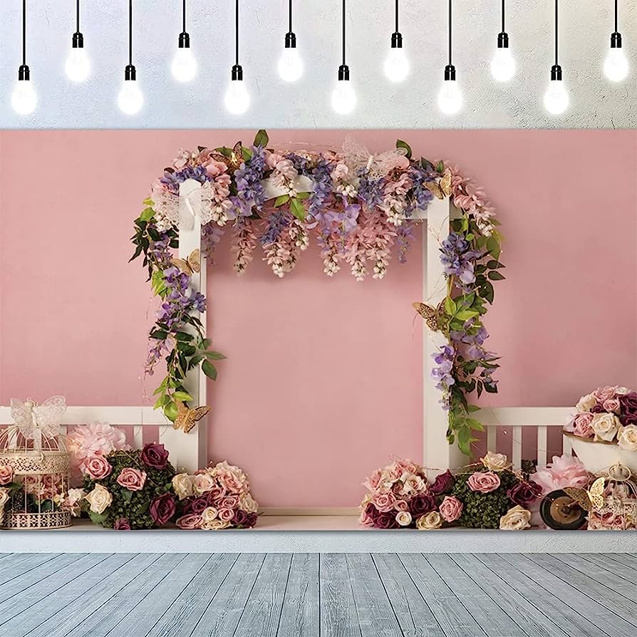 894x894 Amazon.com : YongFoto 12x10ft Wedding Backdrop Pink Wall Floral Lights Butterfly Arches Wedding Background Wedding Ceremony Bridal Shower Backdrop Stage Scene Lovers Bride Bridegroom Photo Wallpaper